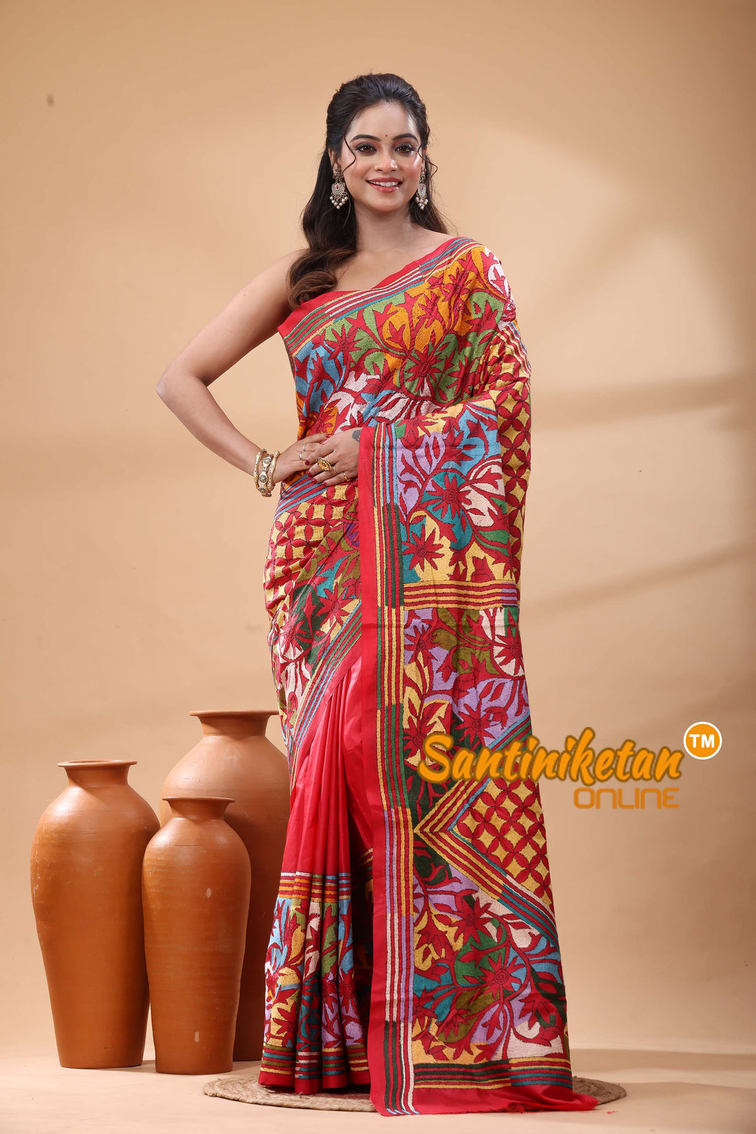 Pure Bangalore Silk Kantha Stitch Saree