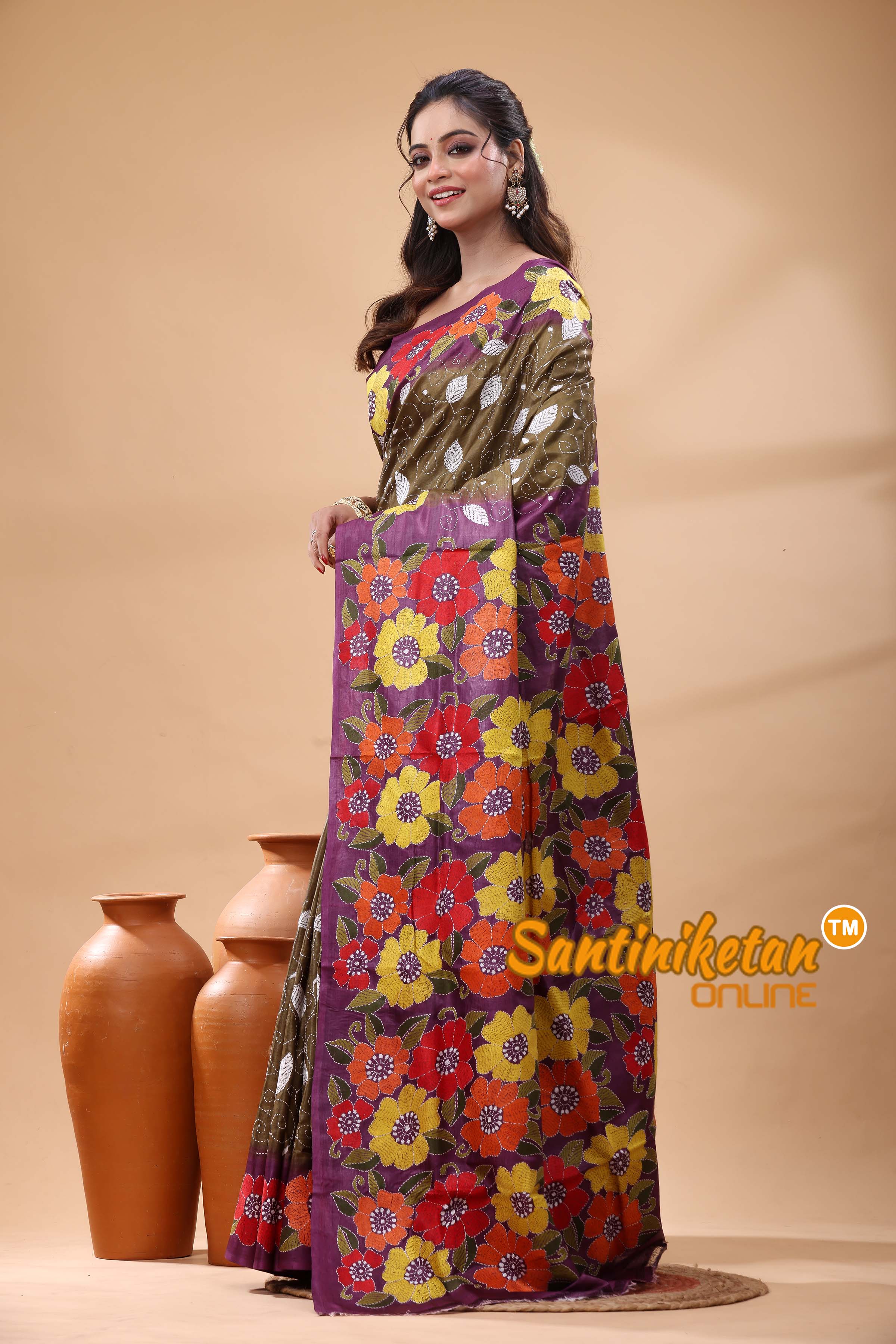 Pure Gachi Dye Tussar Silk Kantha Stitch Saree