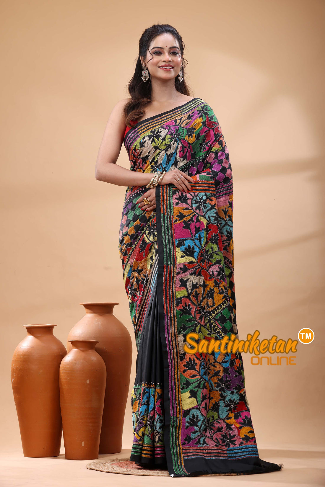 Pure Bangalore Silk Kantha Stitch Saree
