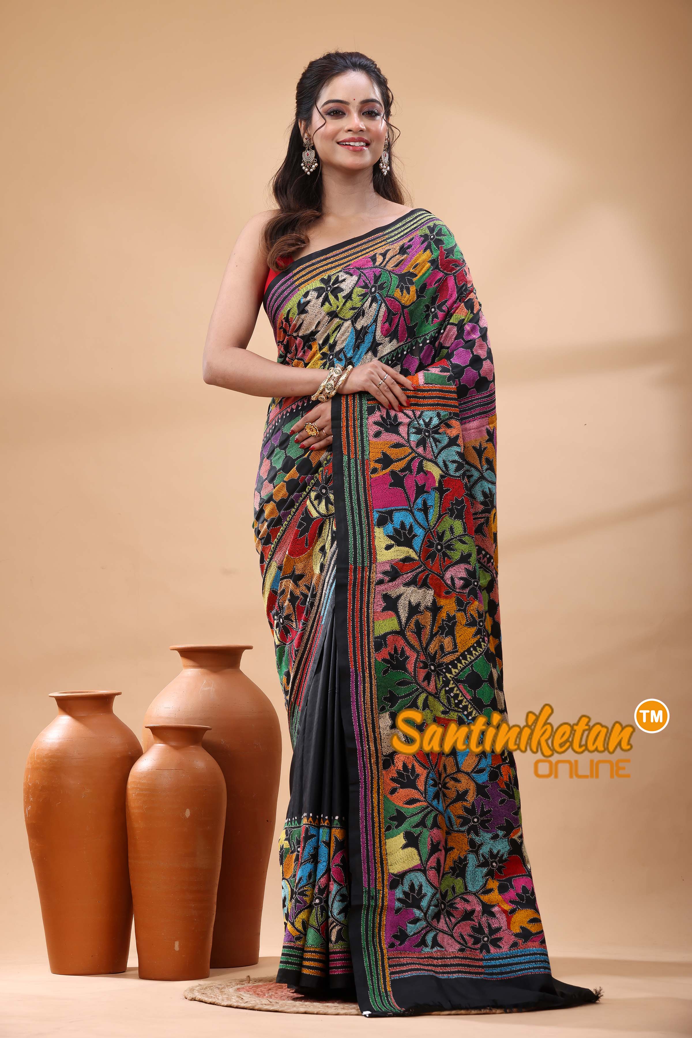 Pure Bangalore Silk Kantha Stitch Saree