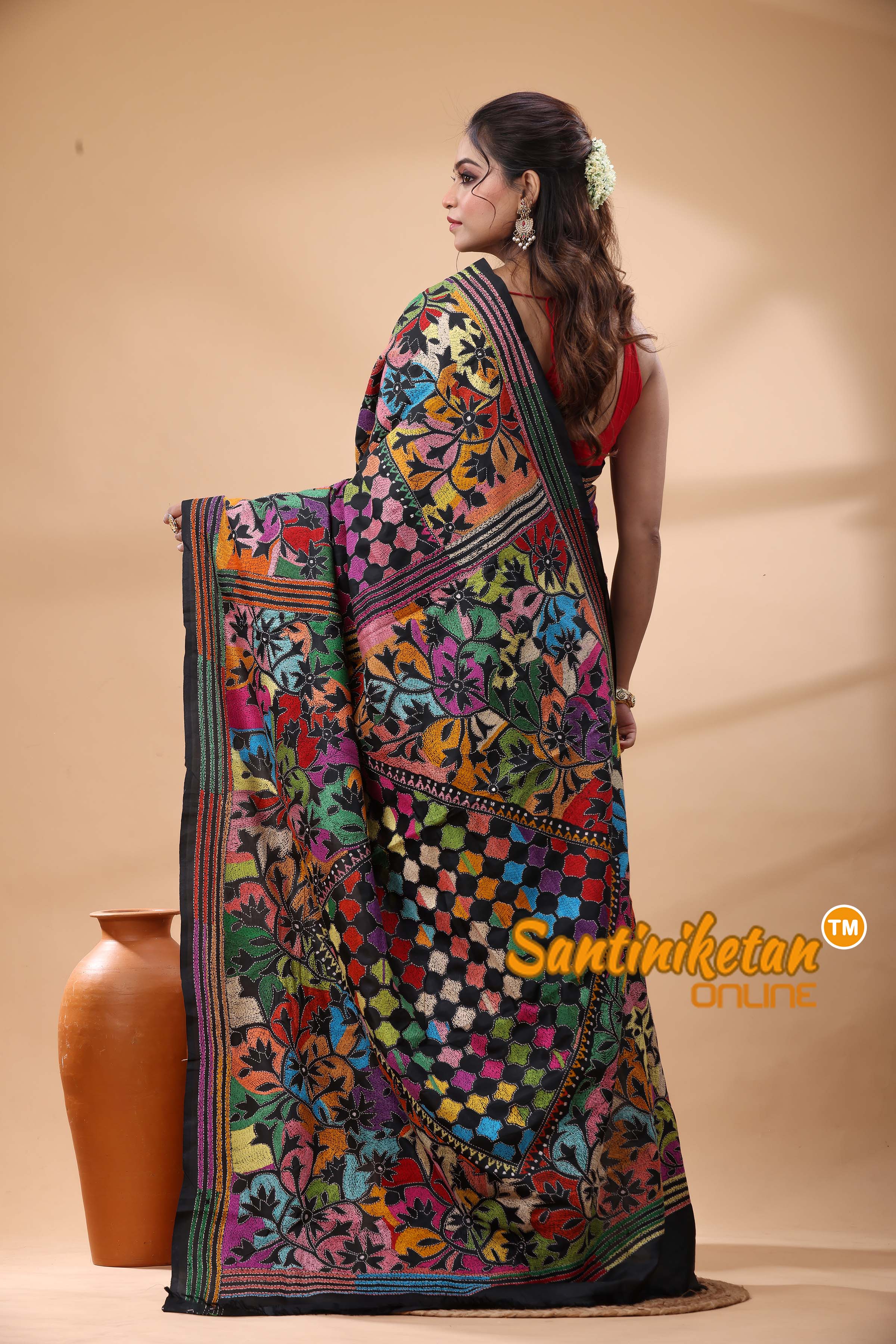 Pure Bangalore Silk Kantha Stitch Saree