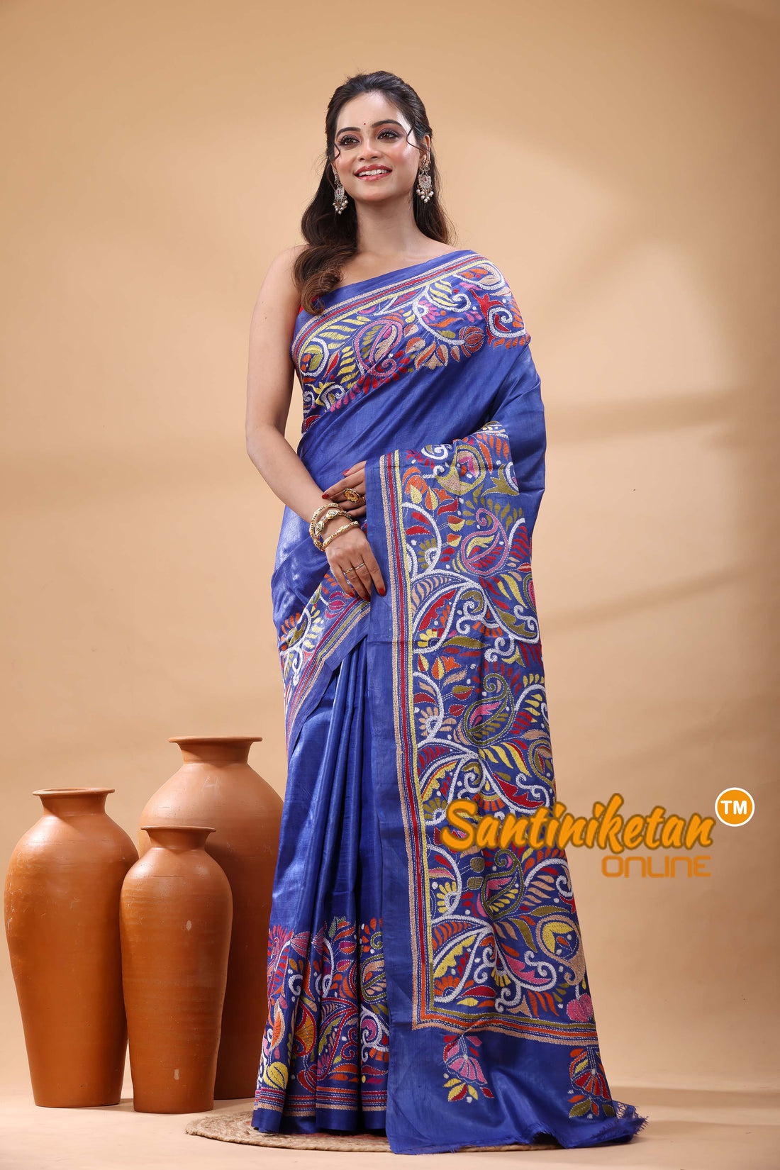 Pure Gachi Dye Tussar Silk Kantha Stitch Saree