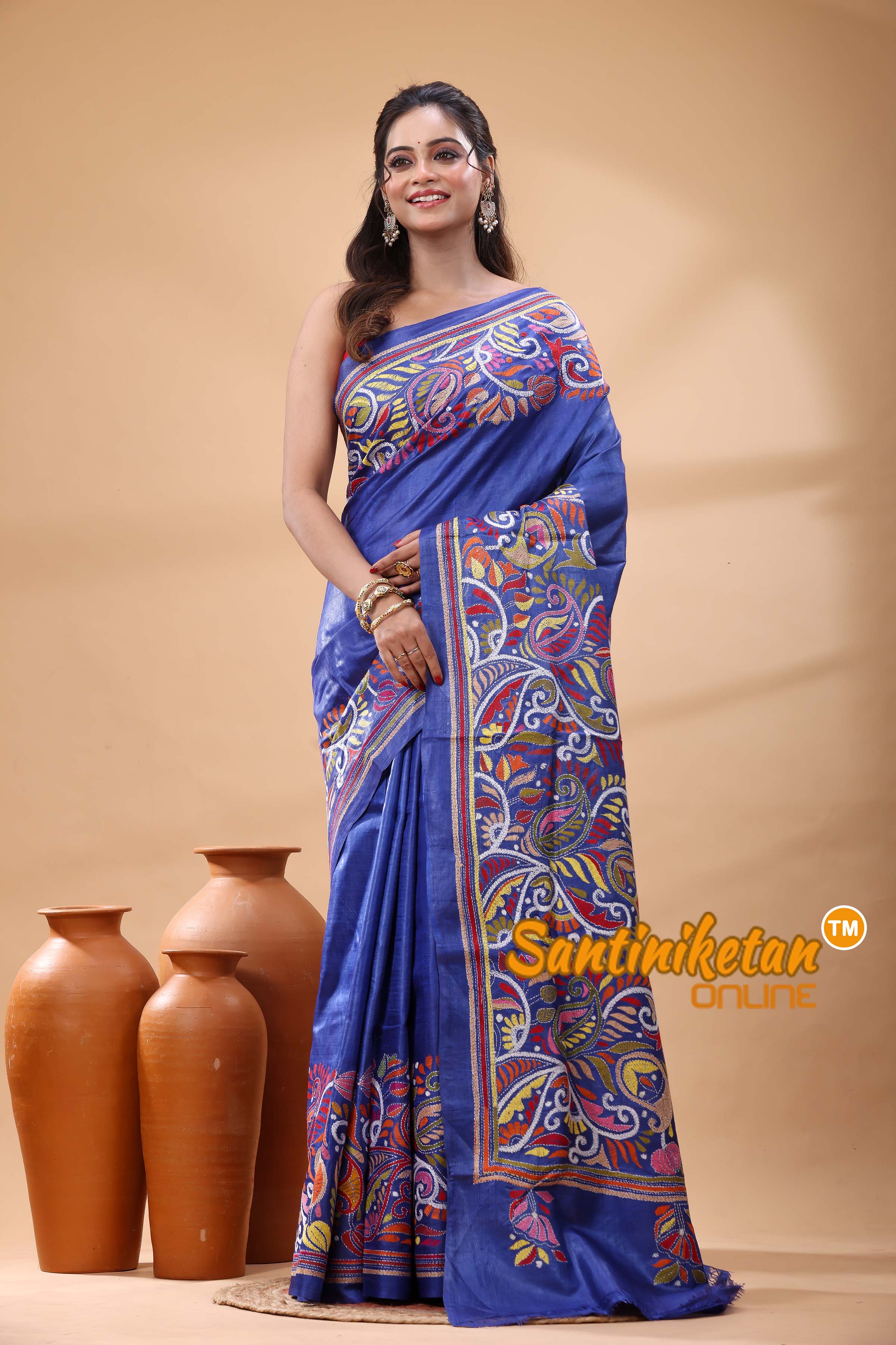 Pure Gachi Dye Tussar Silk Kantha Stitch Saree