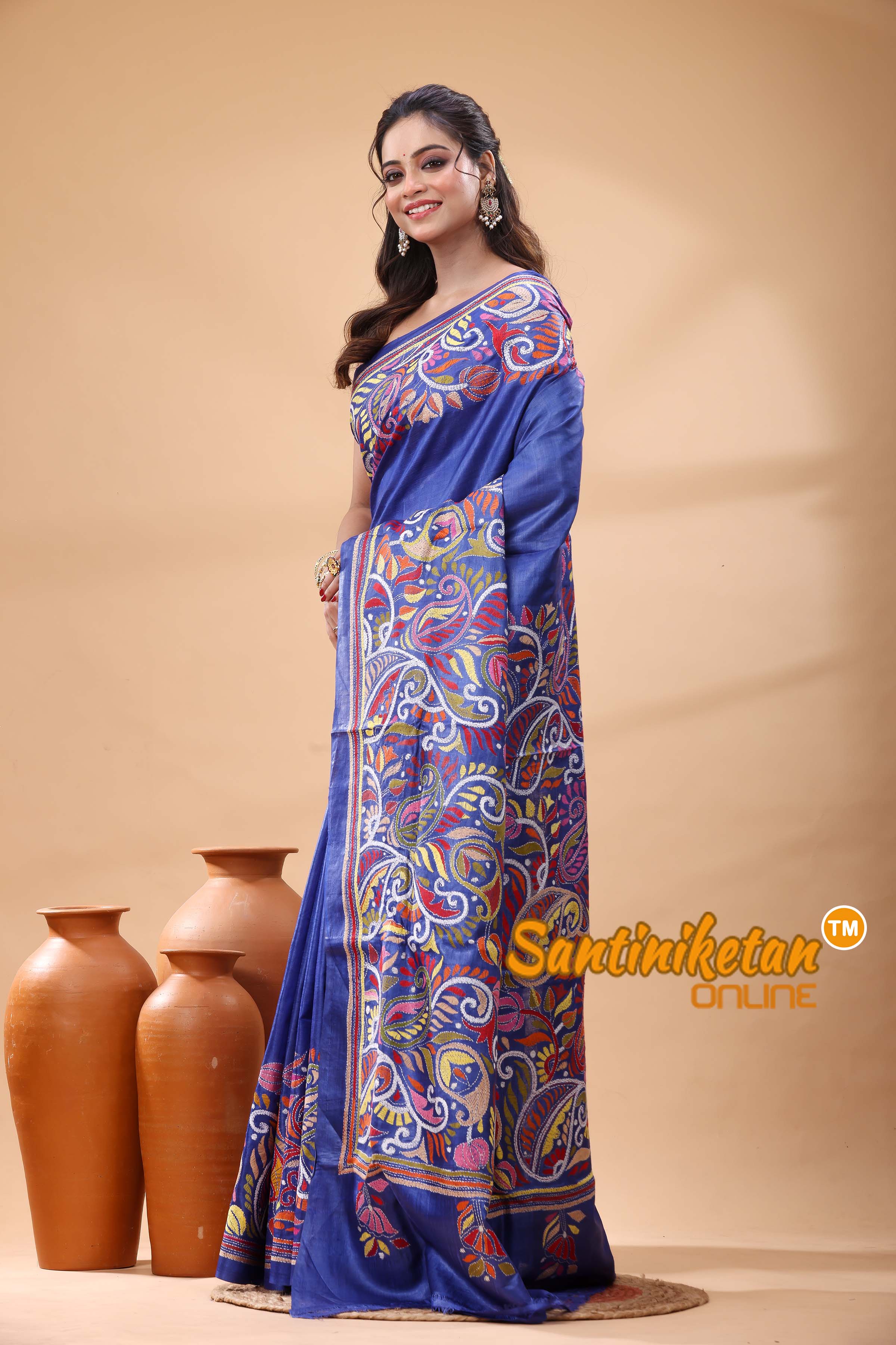 Pure Gachi Dye Tussar Silk Kantha Stitch Saree