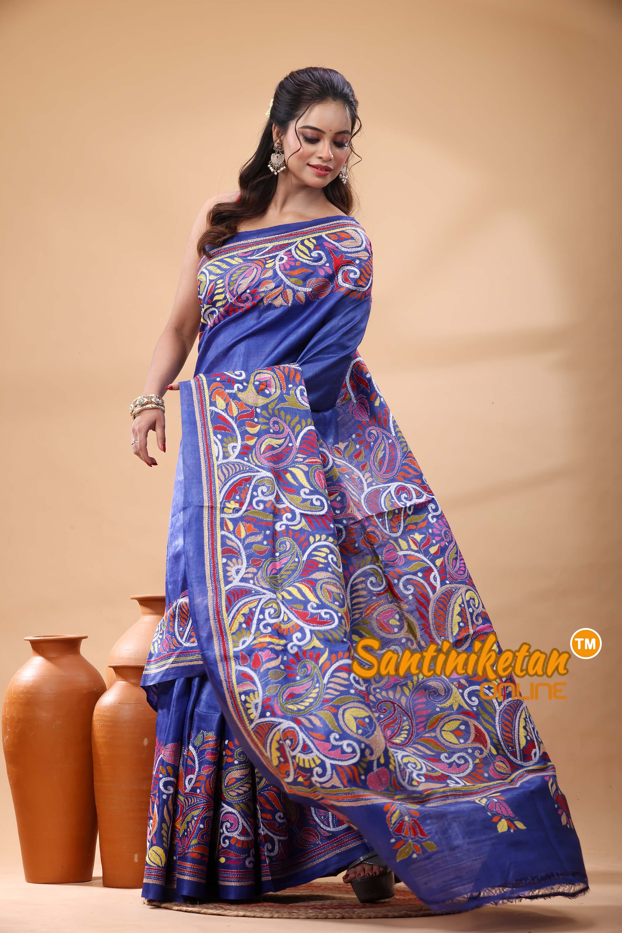 Pure Gachi Dye Tussar Silk Kantha Stitch Saree