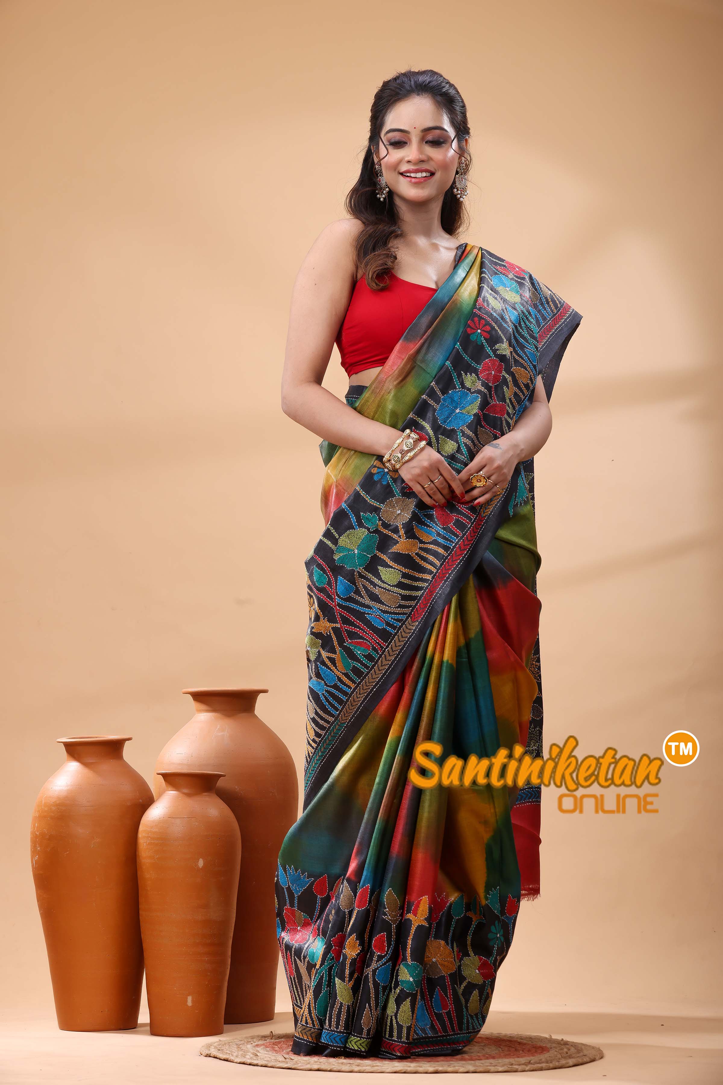 Pure Gachi Dye Tussar Silk Kantha Stitch Saree