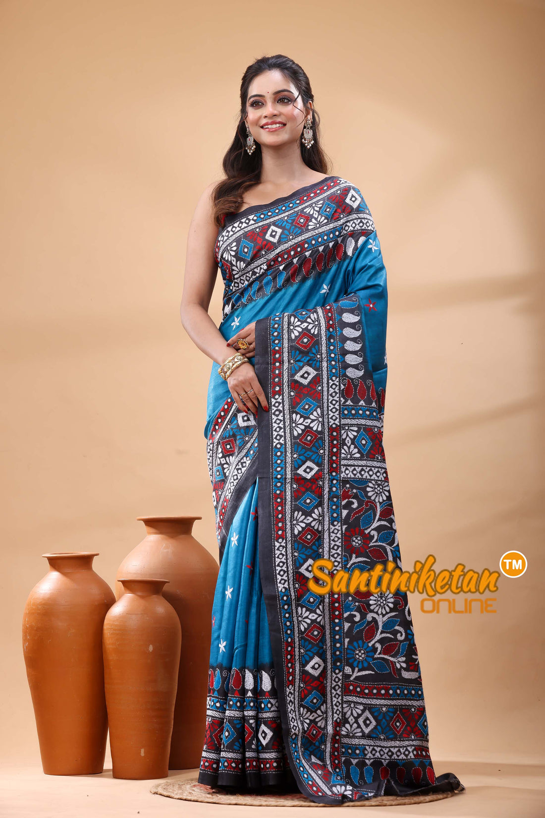 Pure Gachi Dye Tussar Silk Kantha Stitch Saree