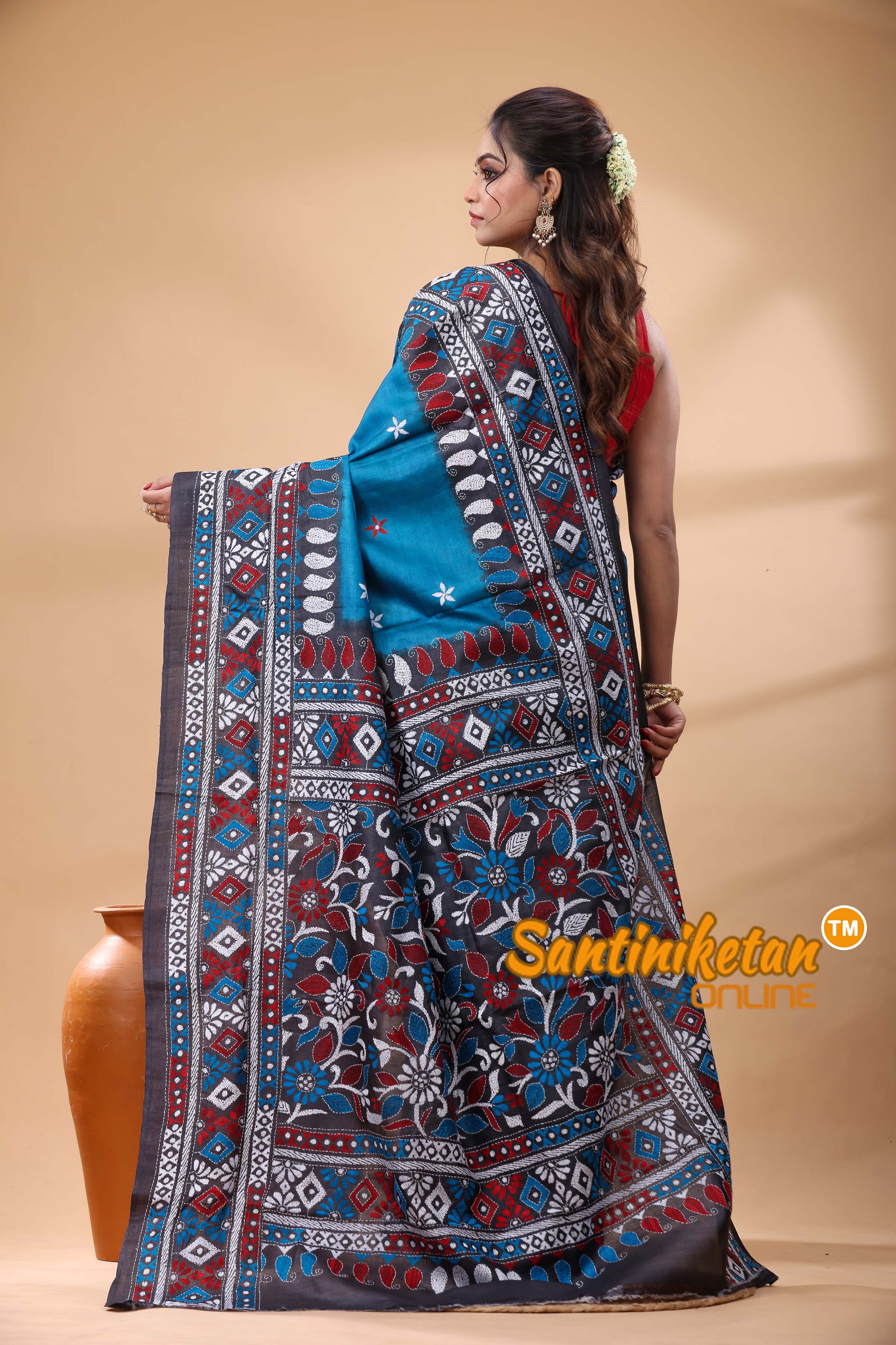 Pure Gachi Dye Tussar Silk Kantha Stitch Saree