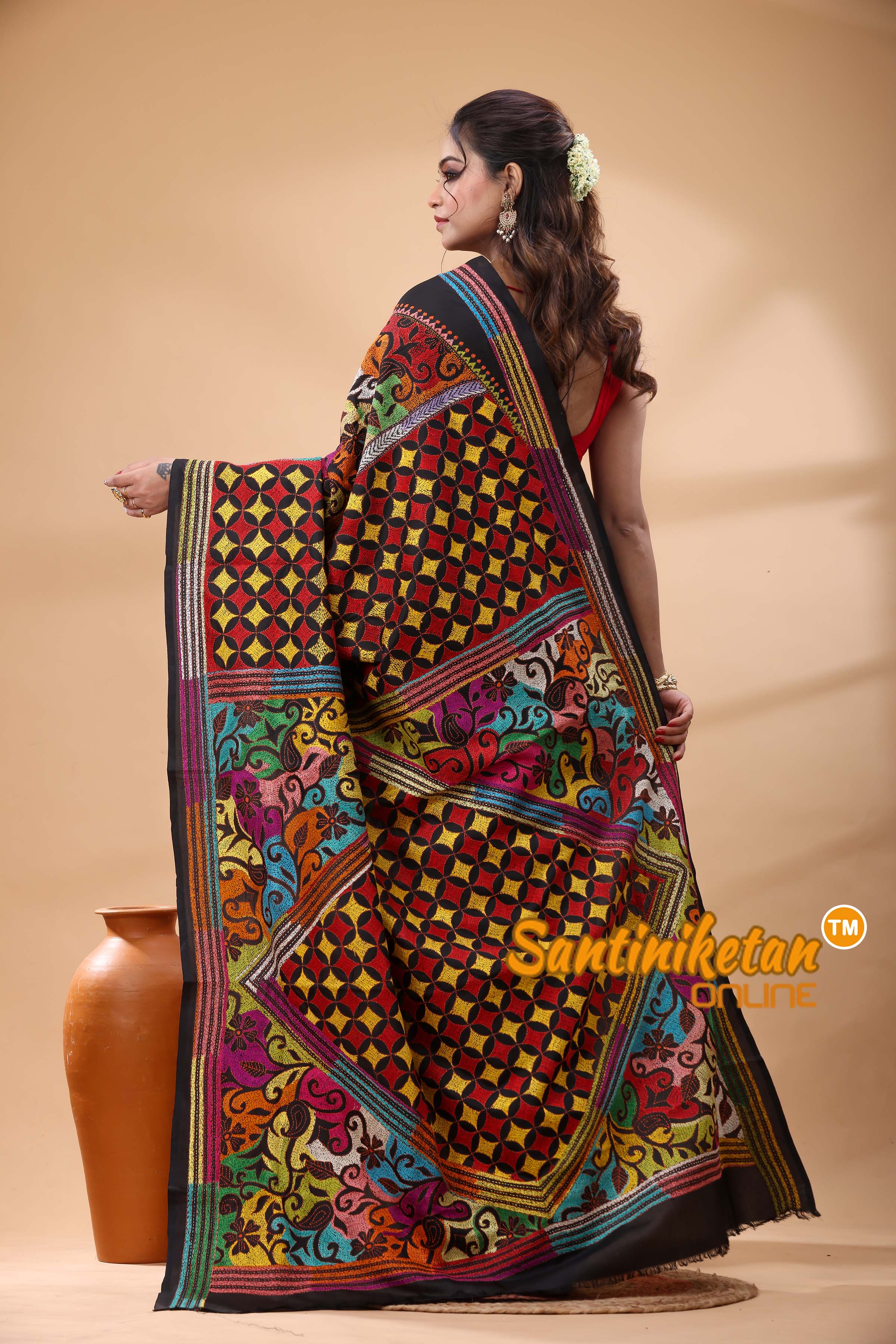 Pure Bangalore Silk Kantha Stitch Saree