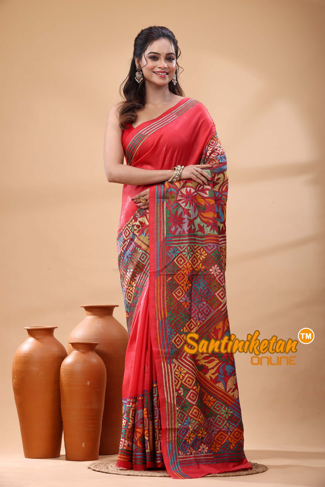 Pure Bangalore Silk Kantha Stitch Saree