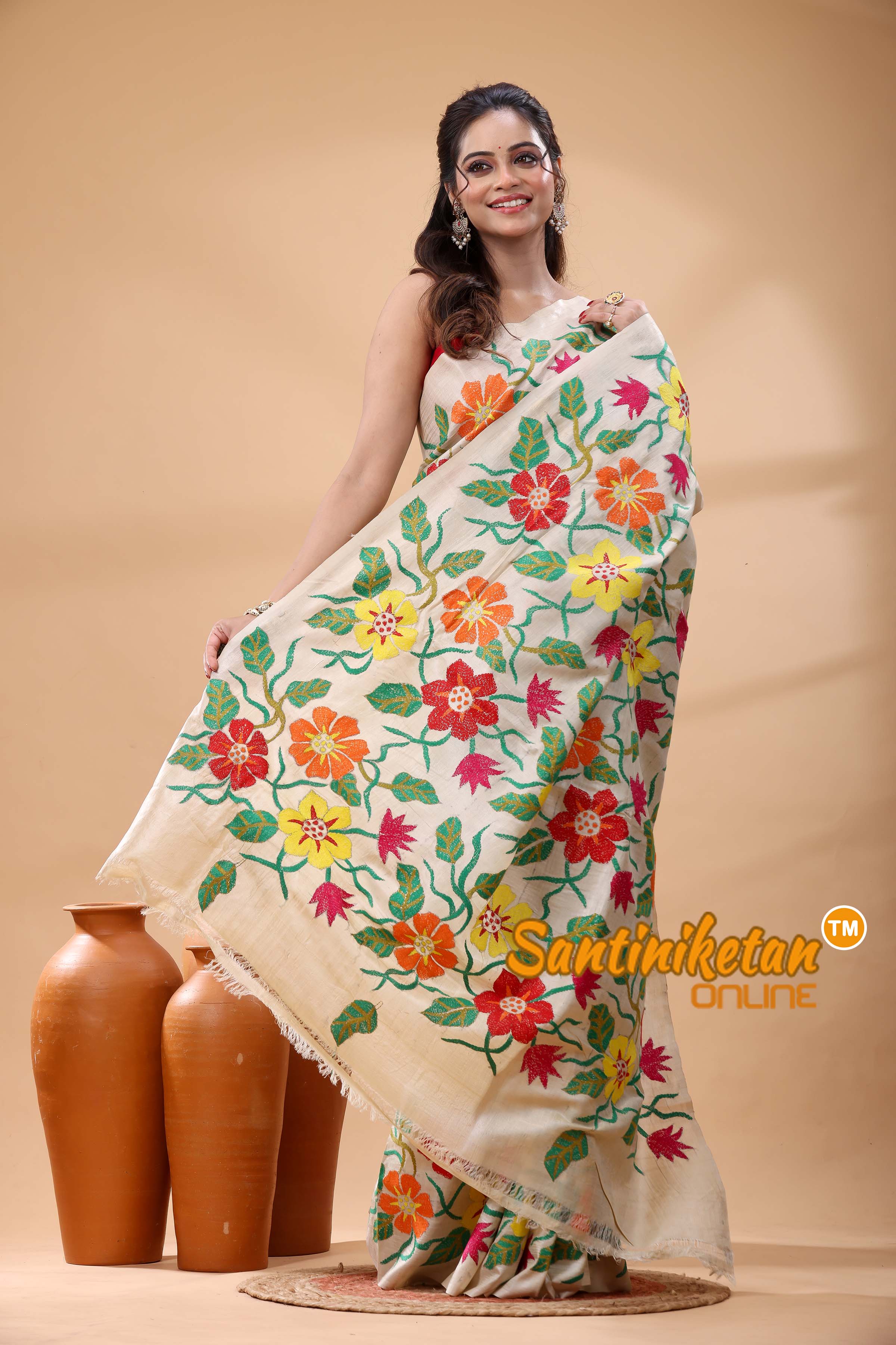 Pure Gachi Tussar Silk Kantha Stitch Saree
