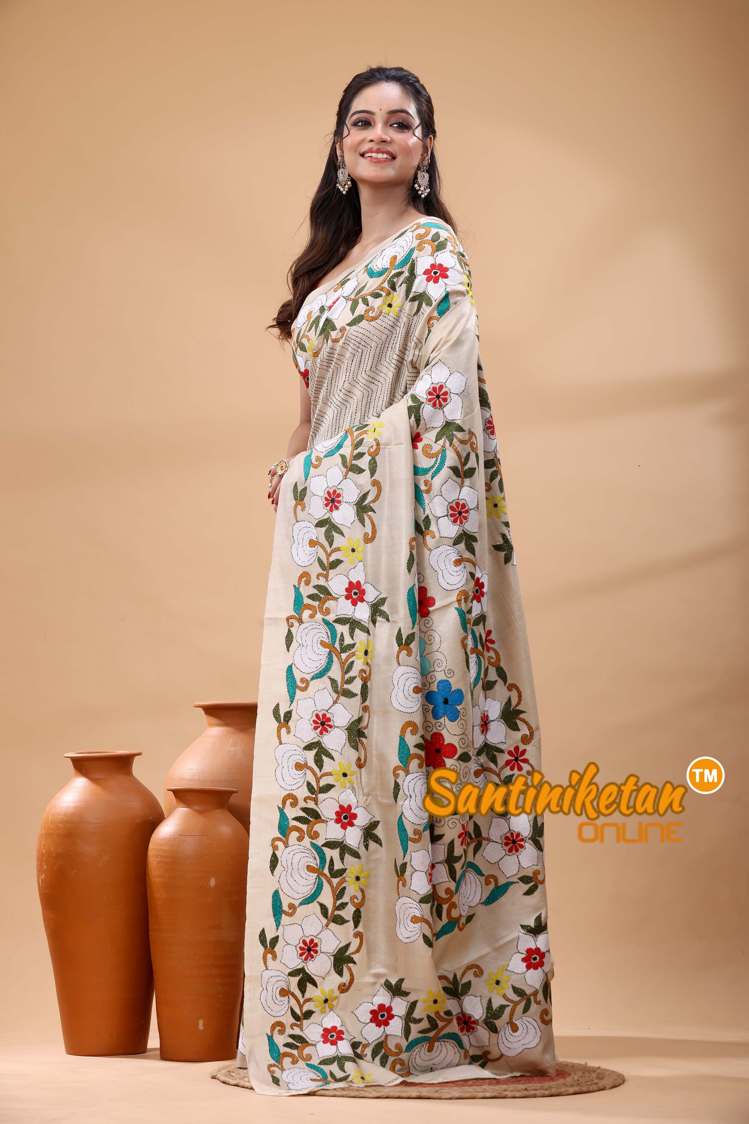 Pure Gachi Tussar Silk Kantha Stitch Saree