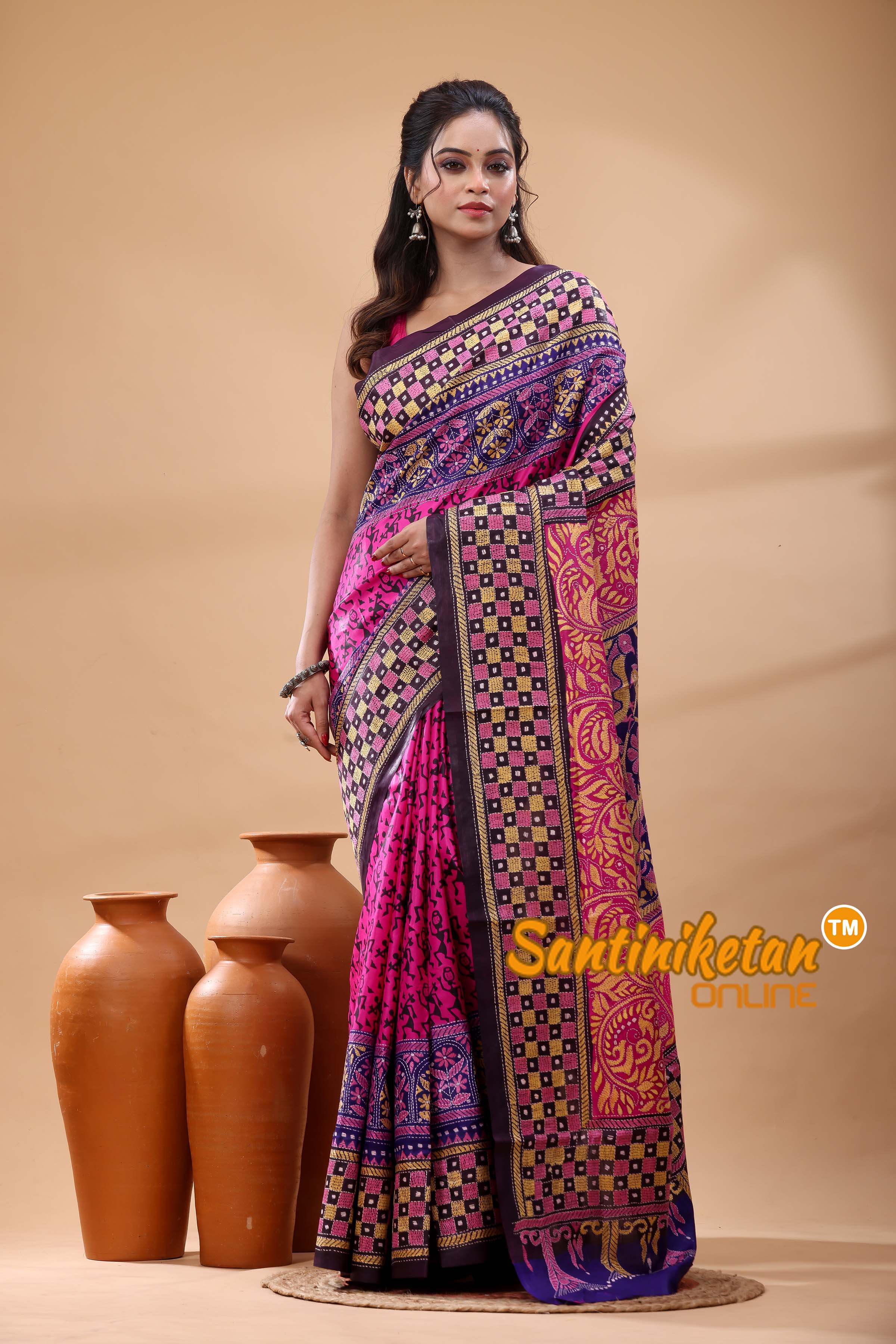 Pure Bangalore Silk Kantha Stitch Saree