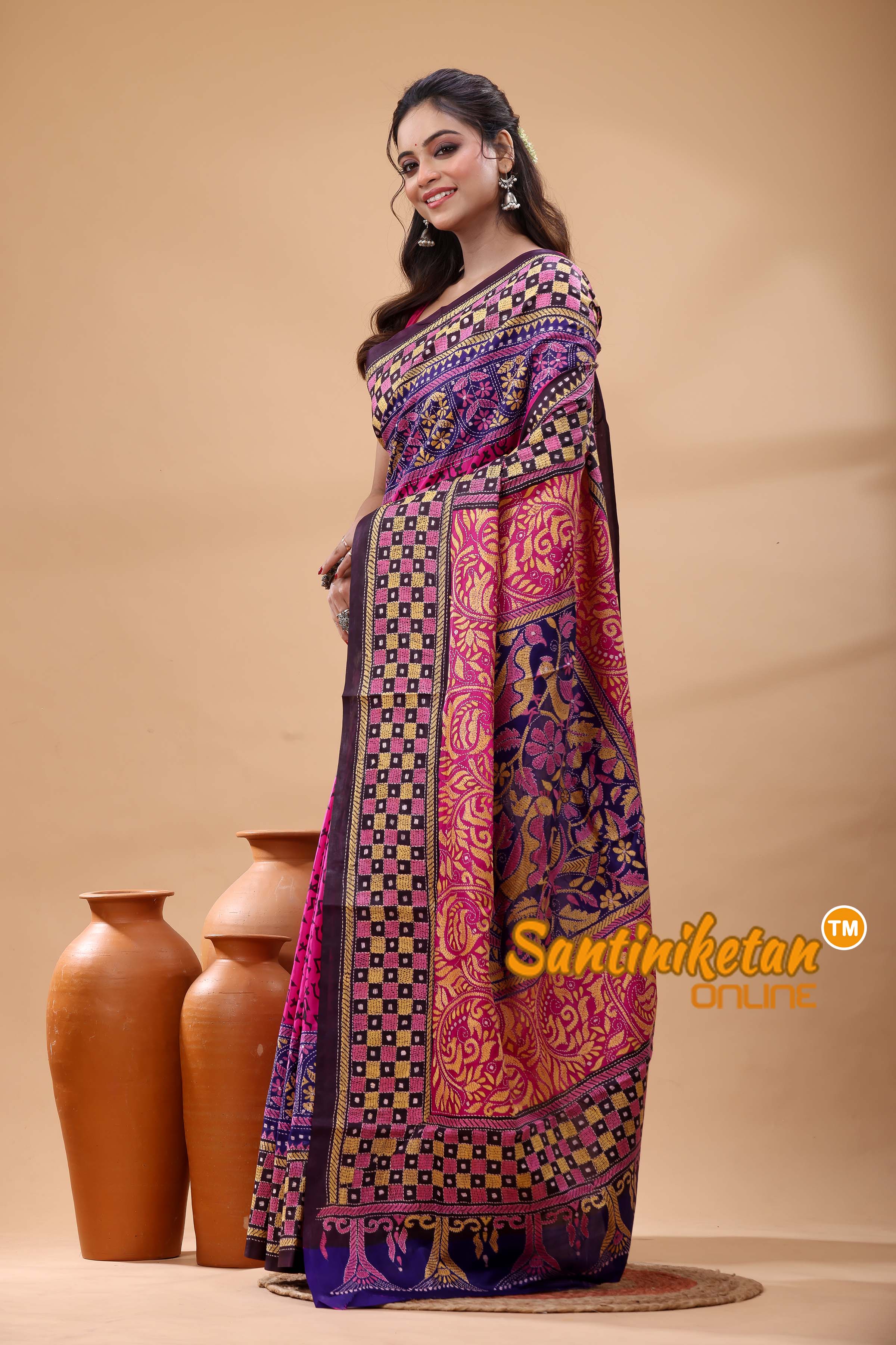 Pure Bangalore Silk Kantha Stitch Saree