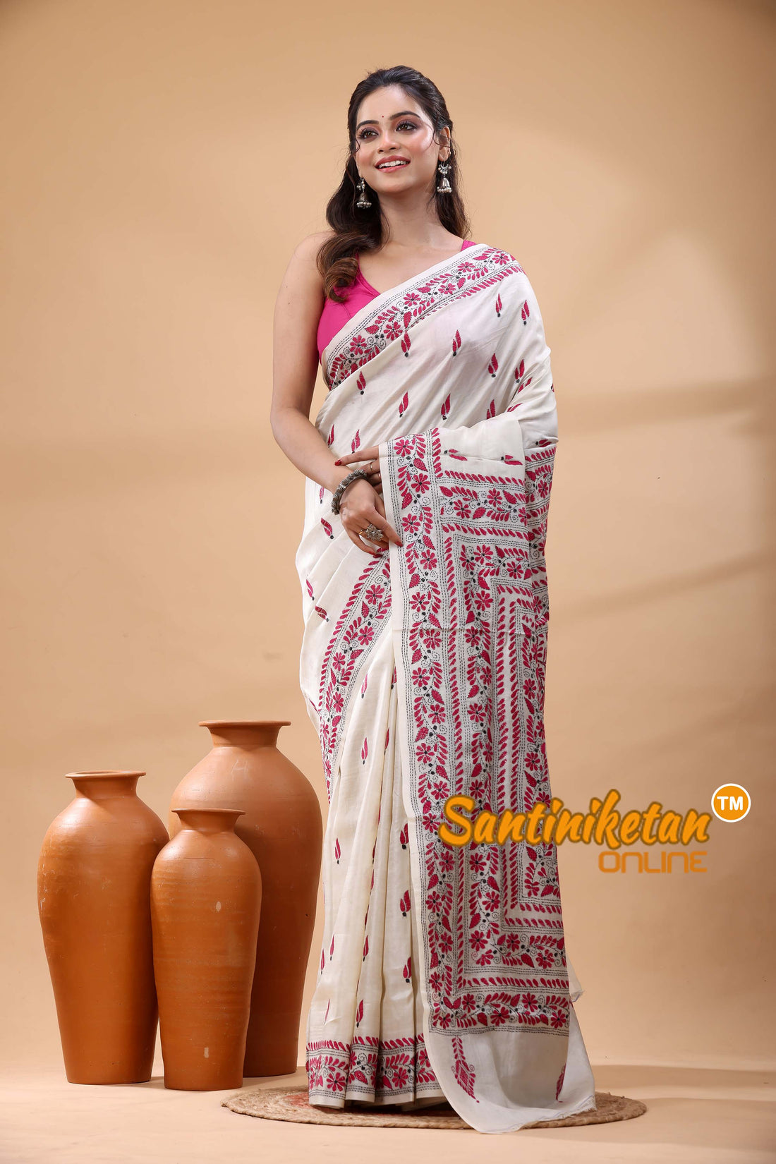 Pure Tussar Silk Kantha Stitch Saree