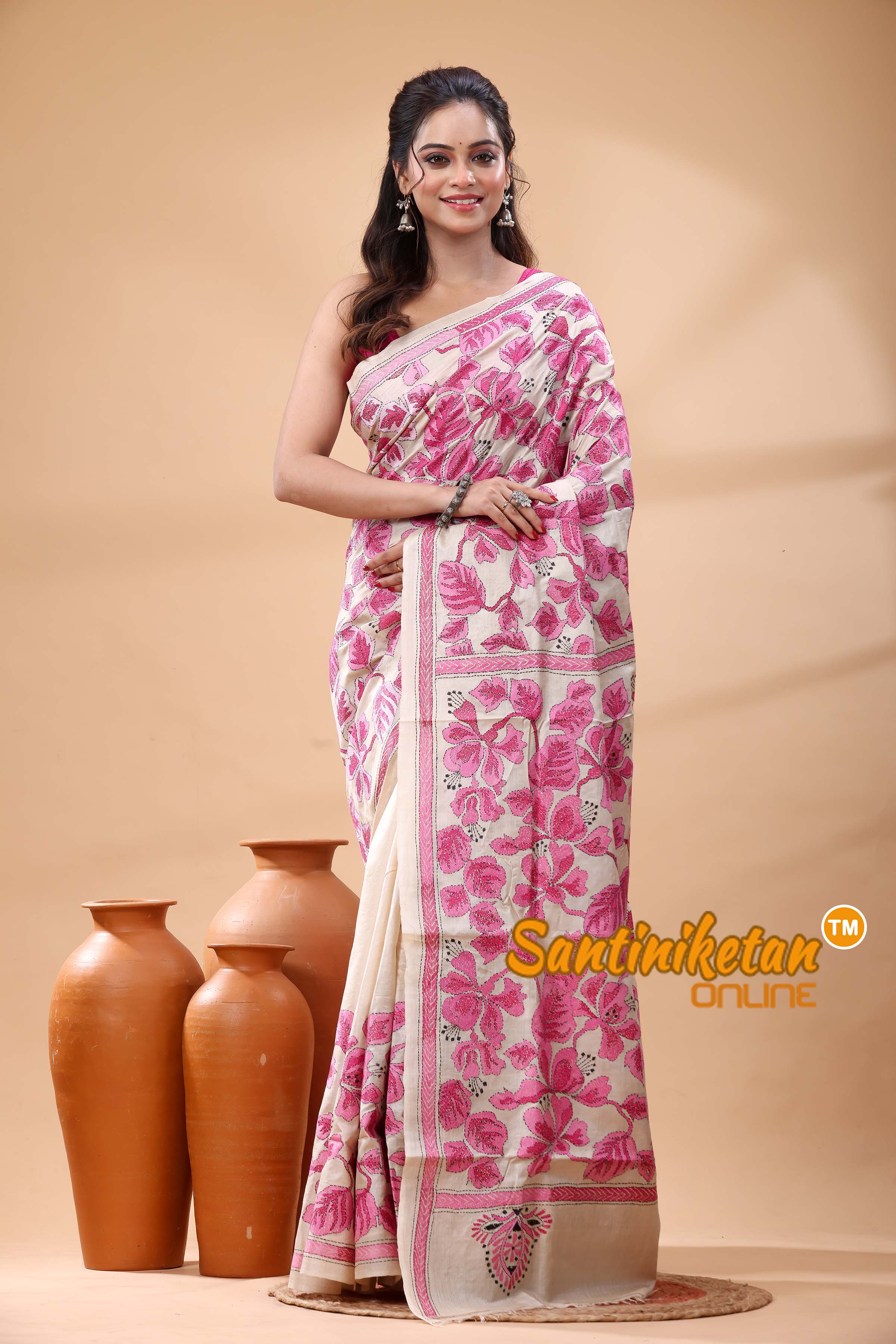 Pure Gachi Tussar Silk Kantha Stitch Saree