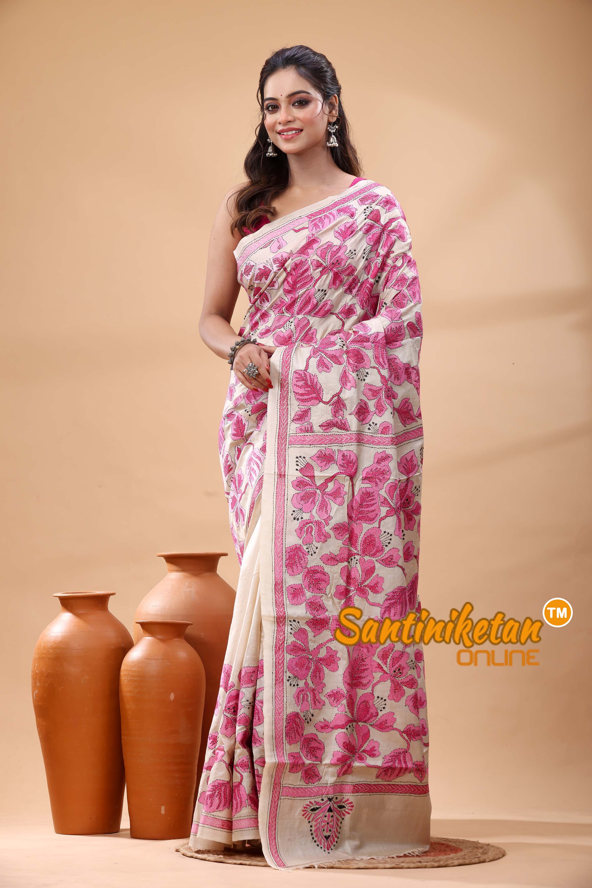 Pure Gachi Tussar Silk Kantha Stitch Saree