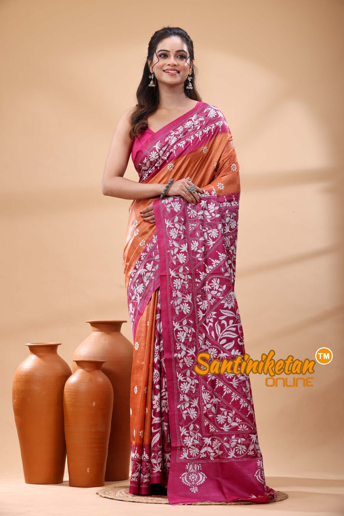 Pure Gachi Dye Tussar Silk Kantha Stitch Saree