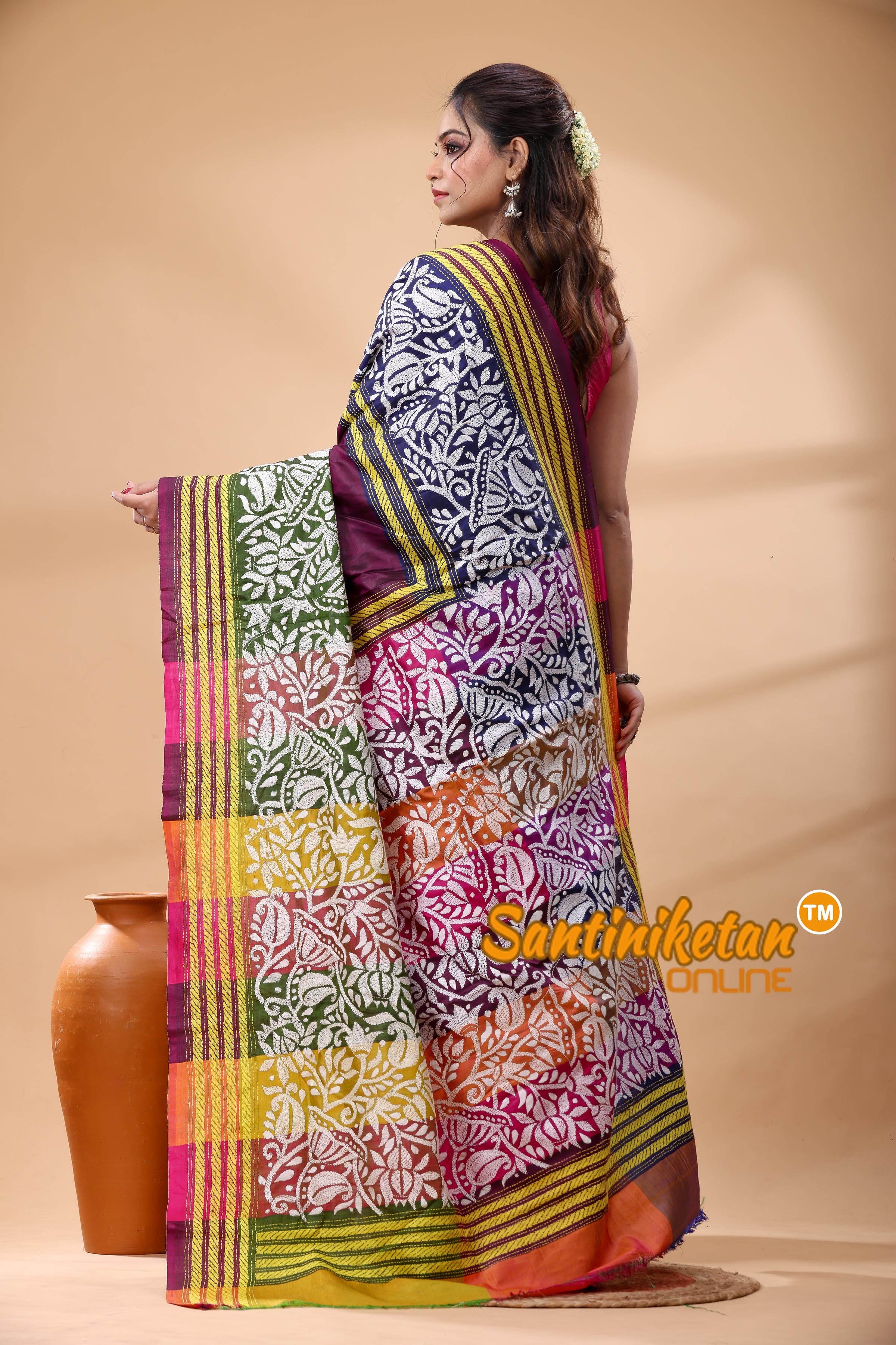 Bishnupuri (Katan) Silk Kantha Stitch Saree