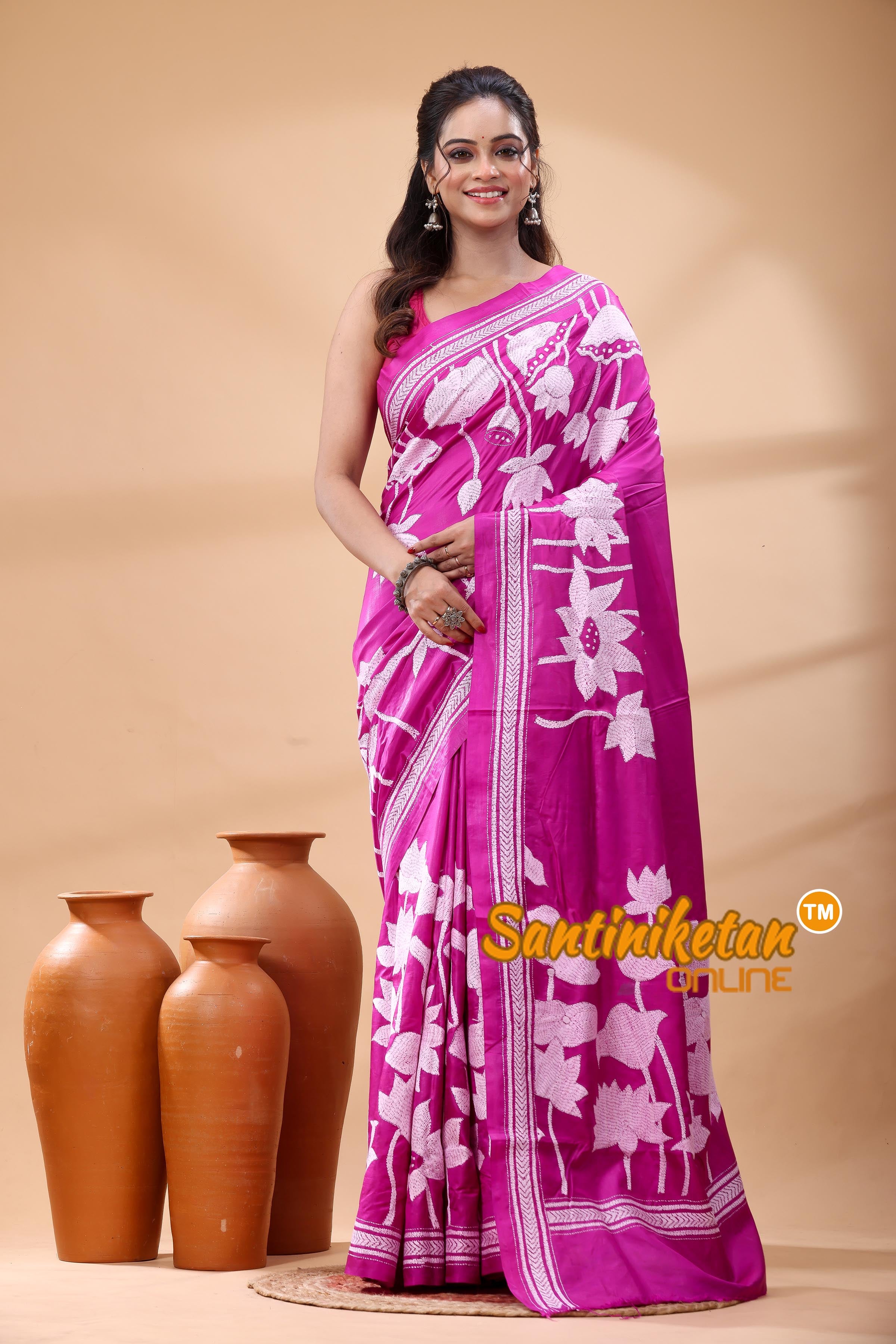 Pure Bangalore Silk Kantha Stitch Saree