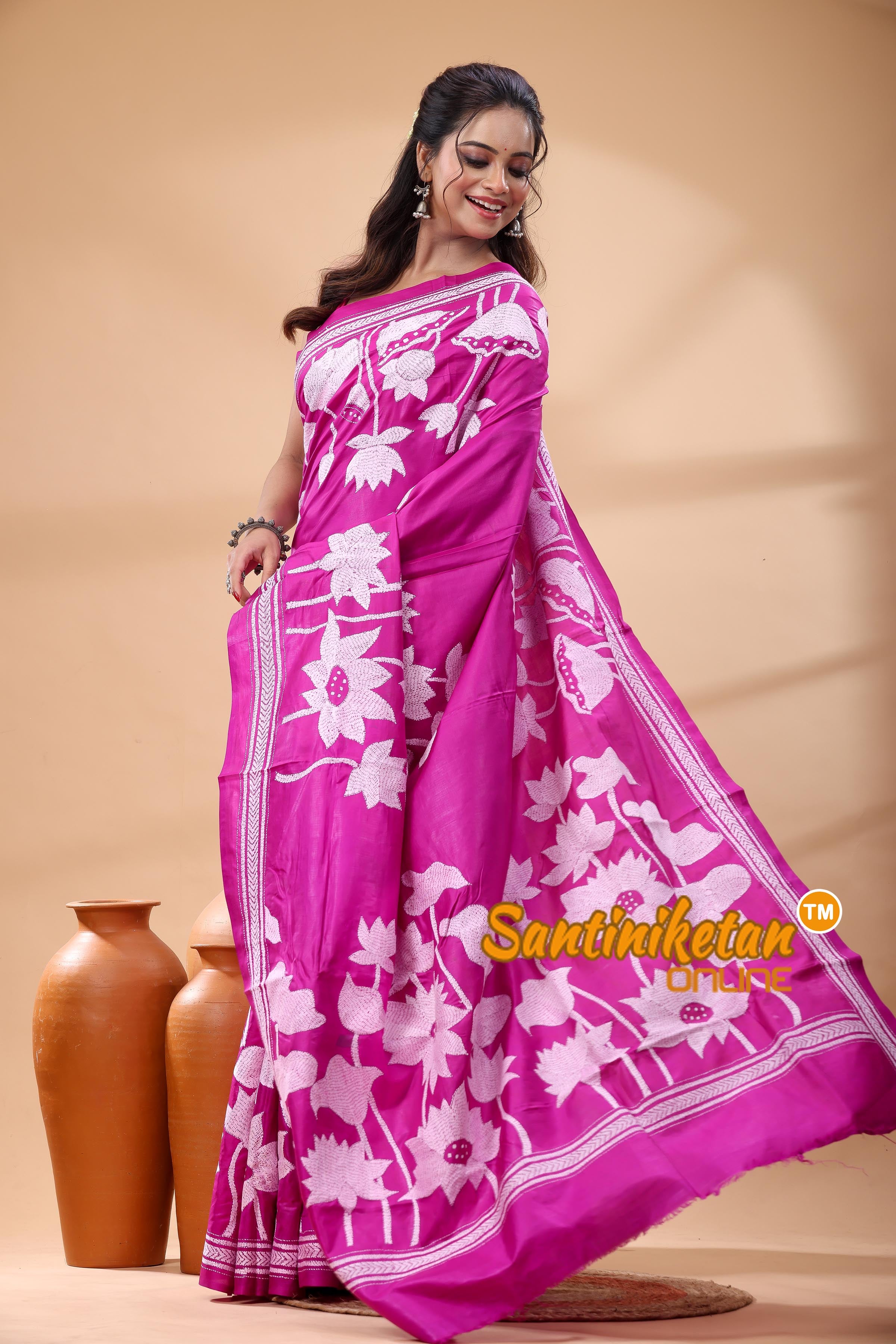 Pure Bangalore Silk Kantha Stitch Saree