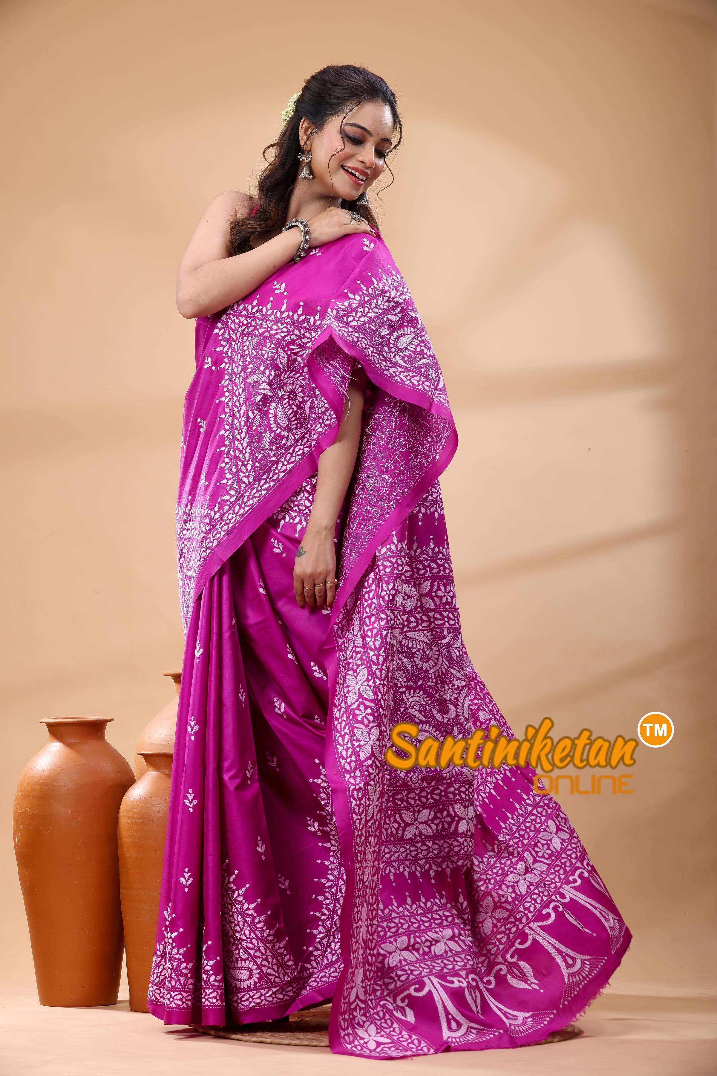 Pure Bangalore Silk Kantha Stitch Saree
