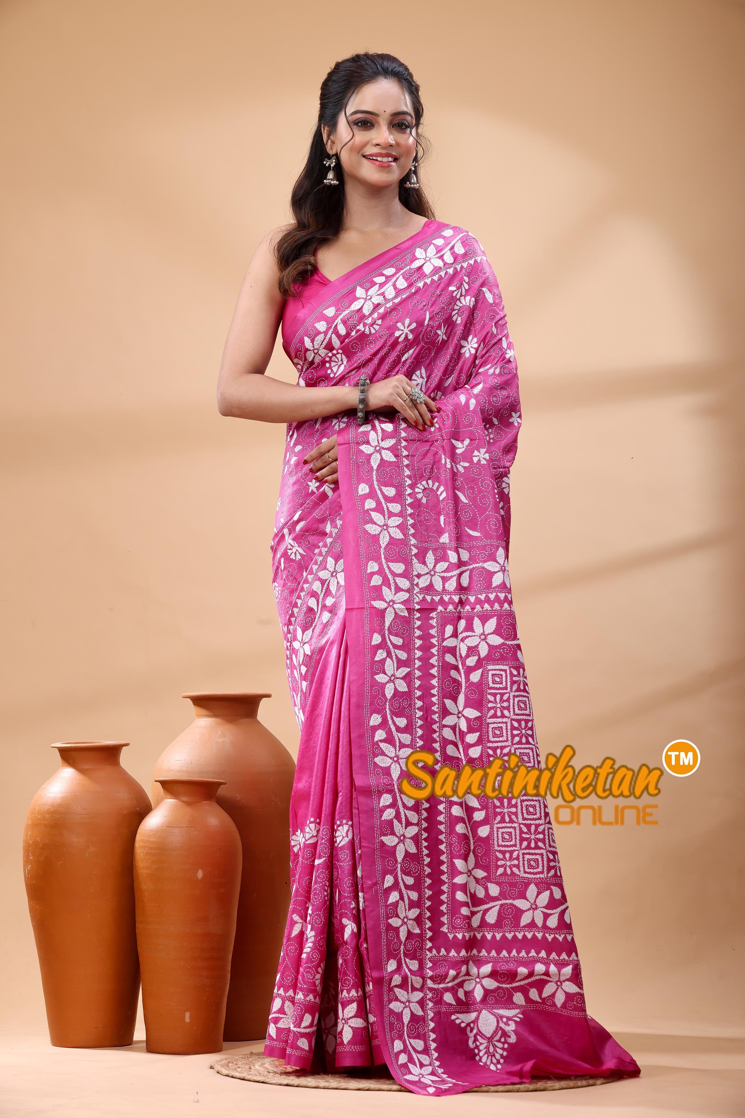 Pure Gachi Dye Tussar Silk Kantha Stitch Saree
