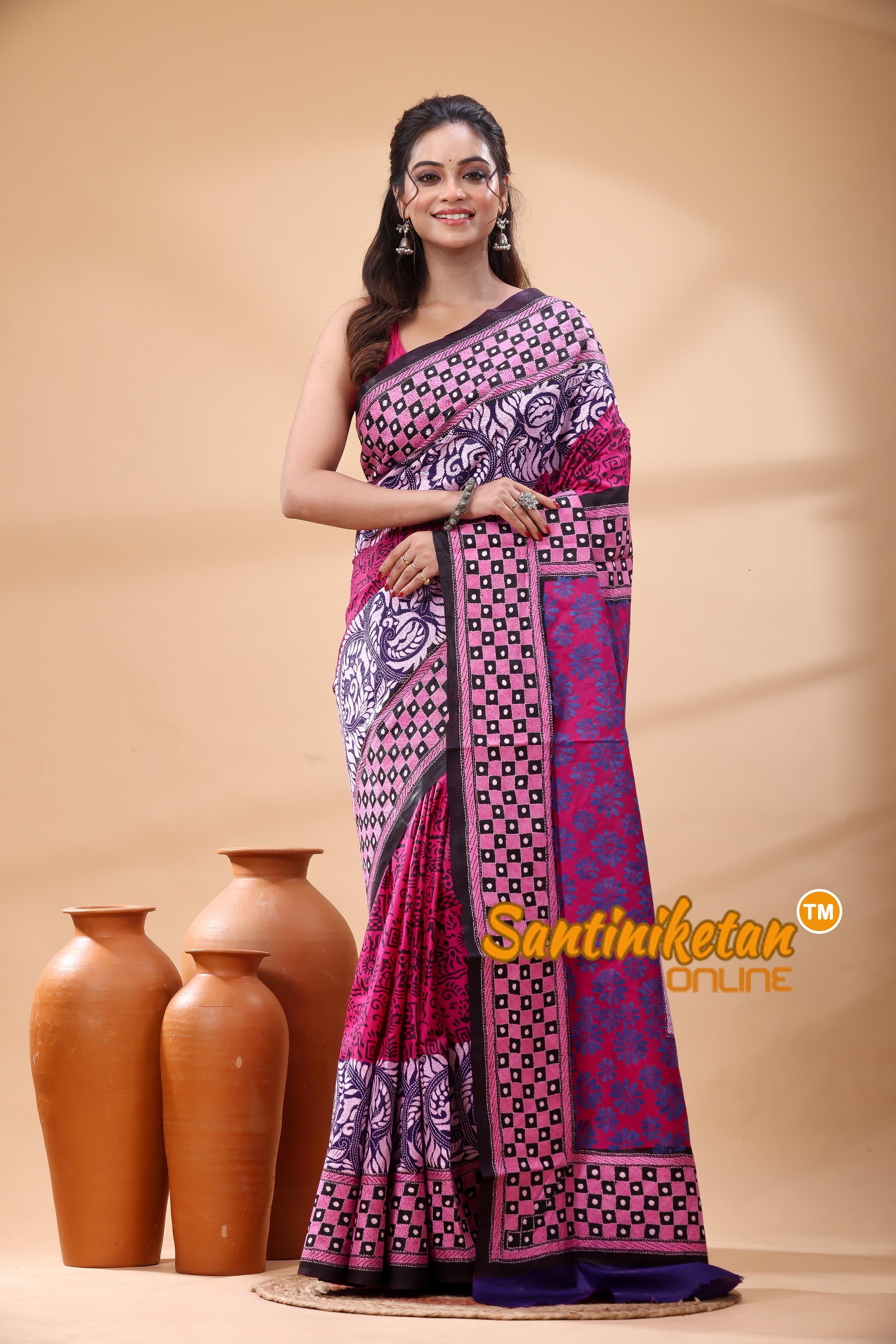 Pure Bangalore Silk Kantha Stitch Saree