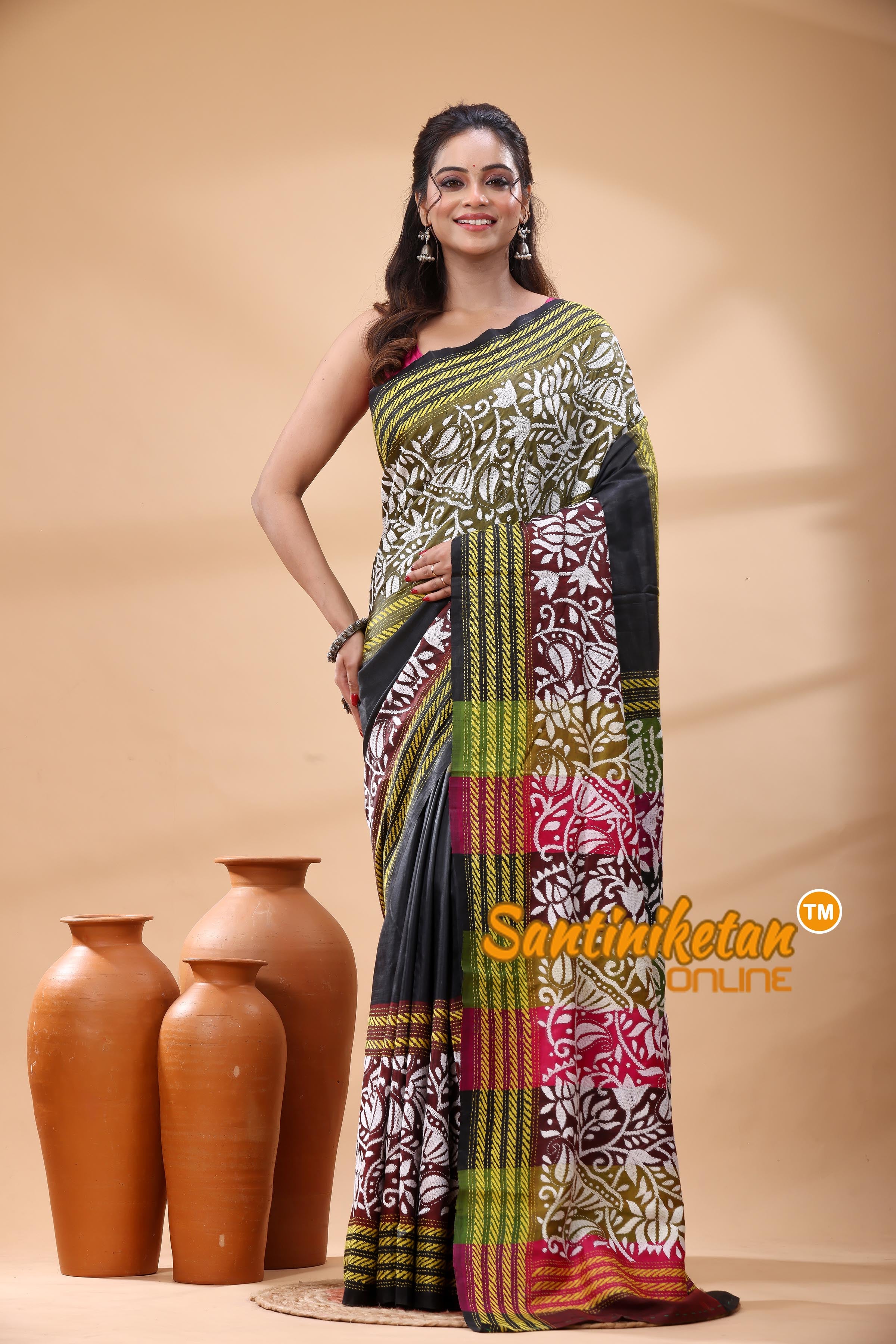 Bishnupuri (Katan) Silk Kantha Stitch Saree