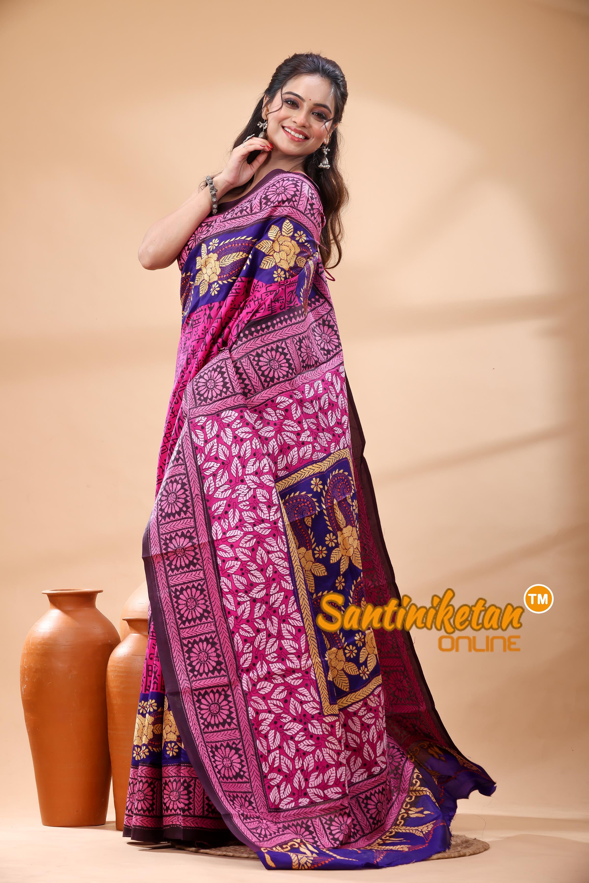 Pure Bangalore Silk Kantha Stitch Saree