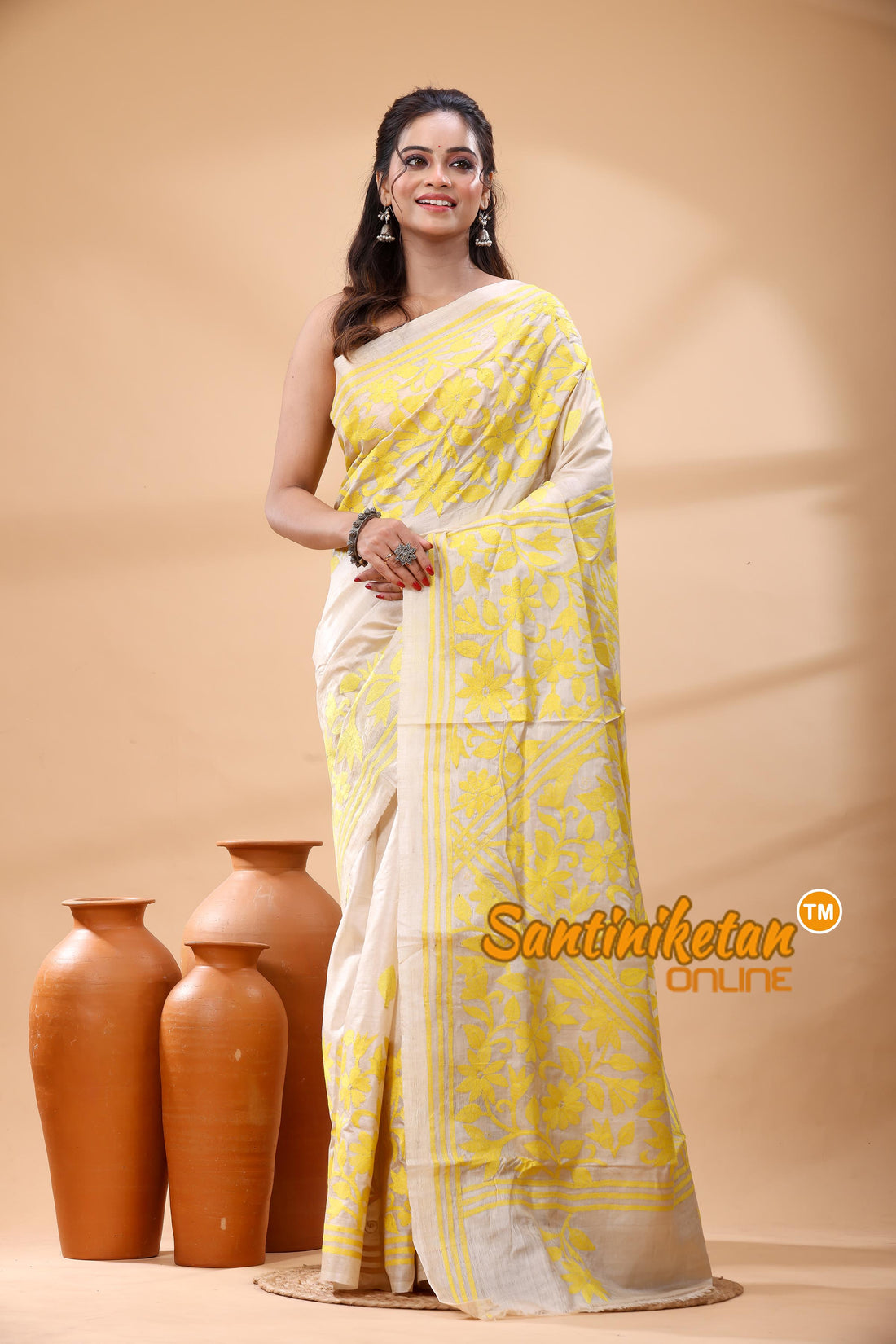 Pure Gachi Dye Tussar Silk Kantha Stitch Saree