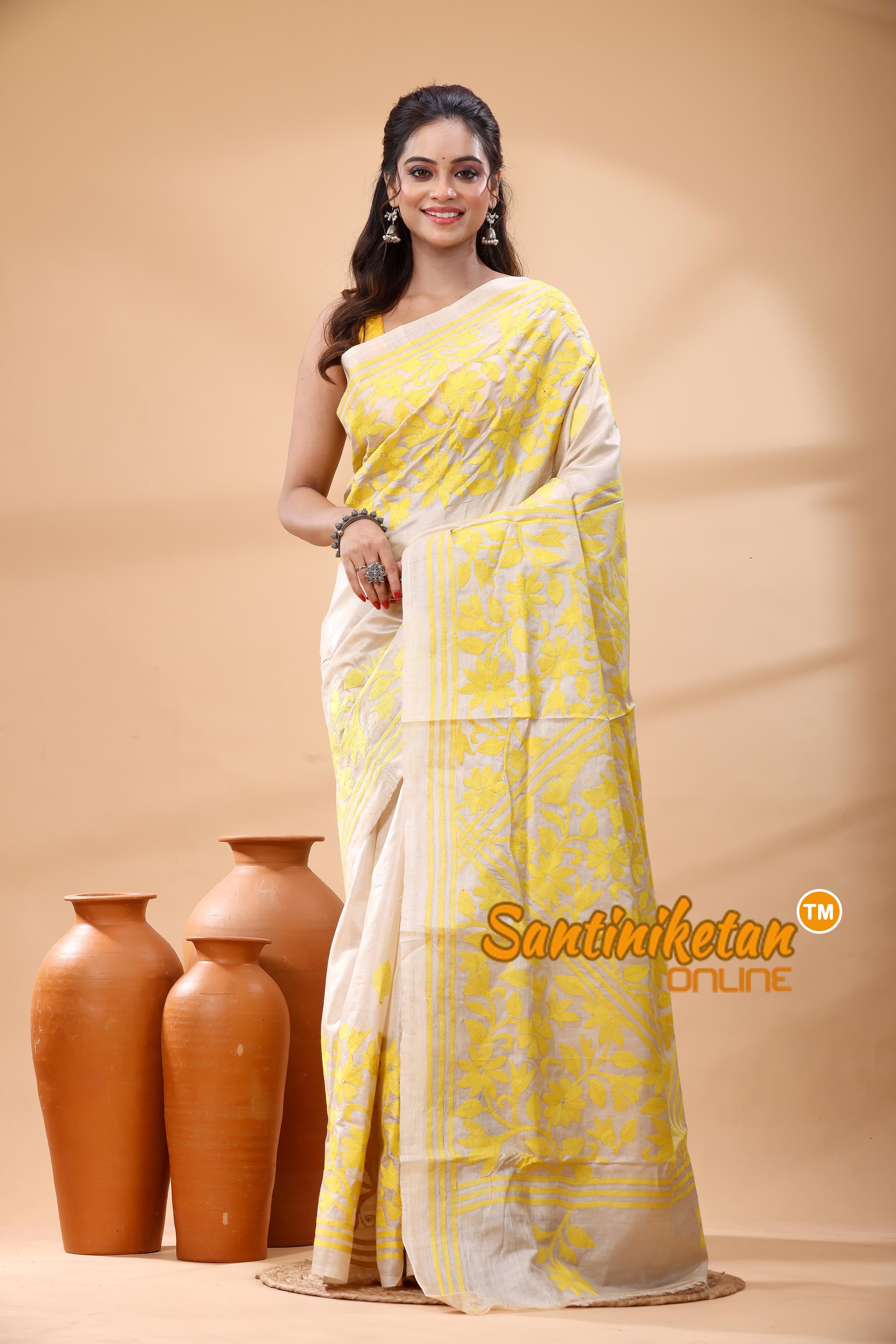 Pure Gachi Dye Tussar Silk Kantha Stitch Saree