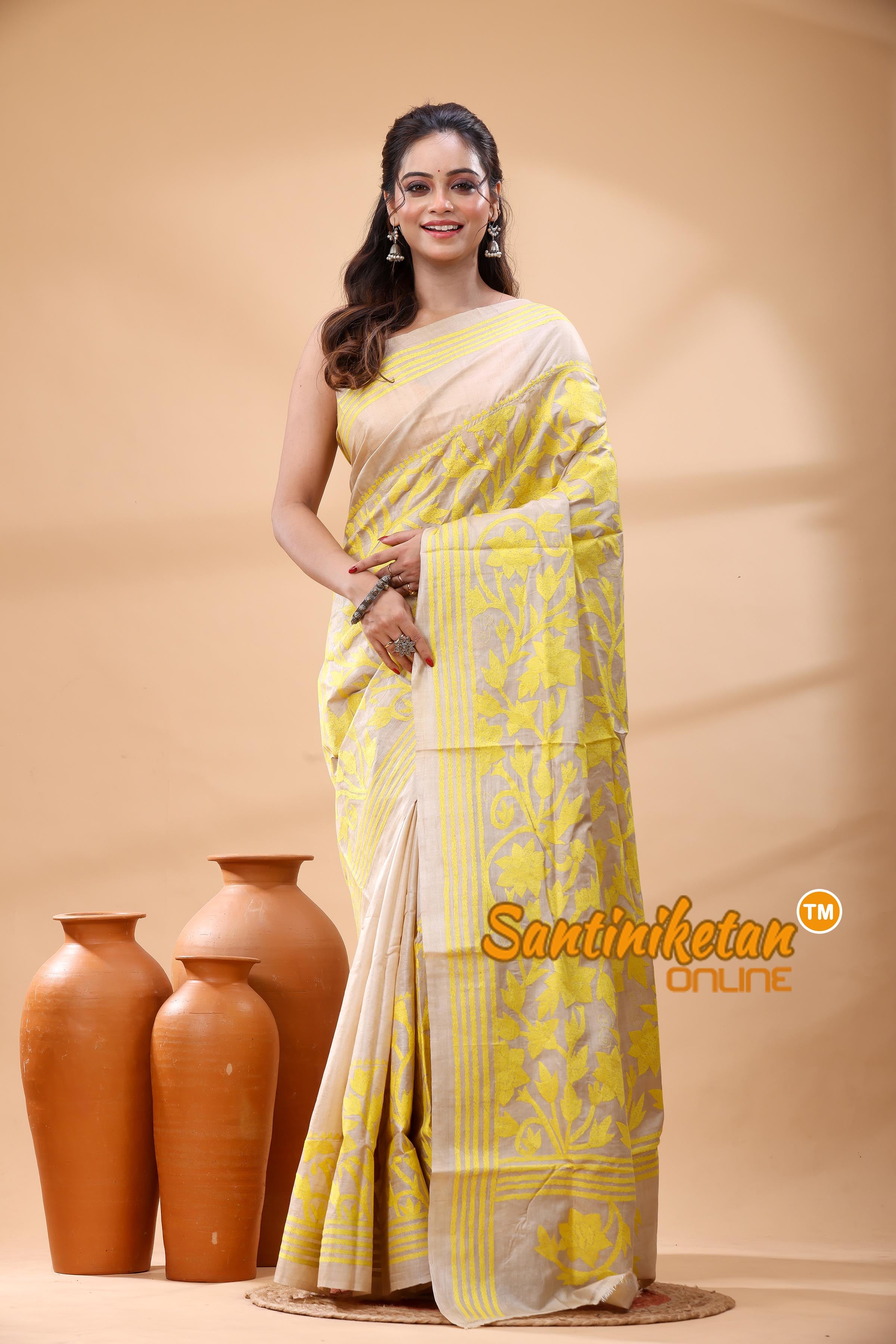 Pure Gachi Tussar Silk Kantha Stitch Saree