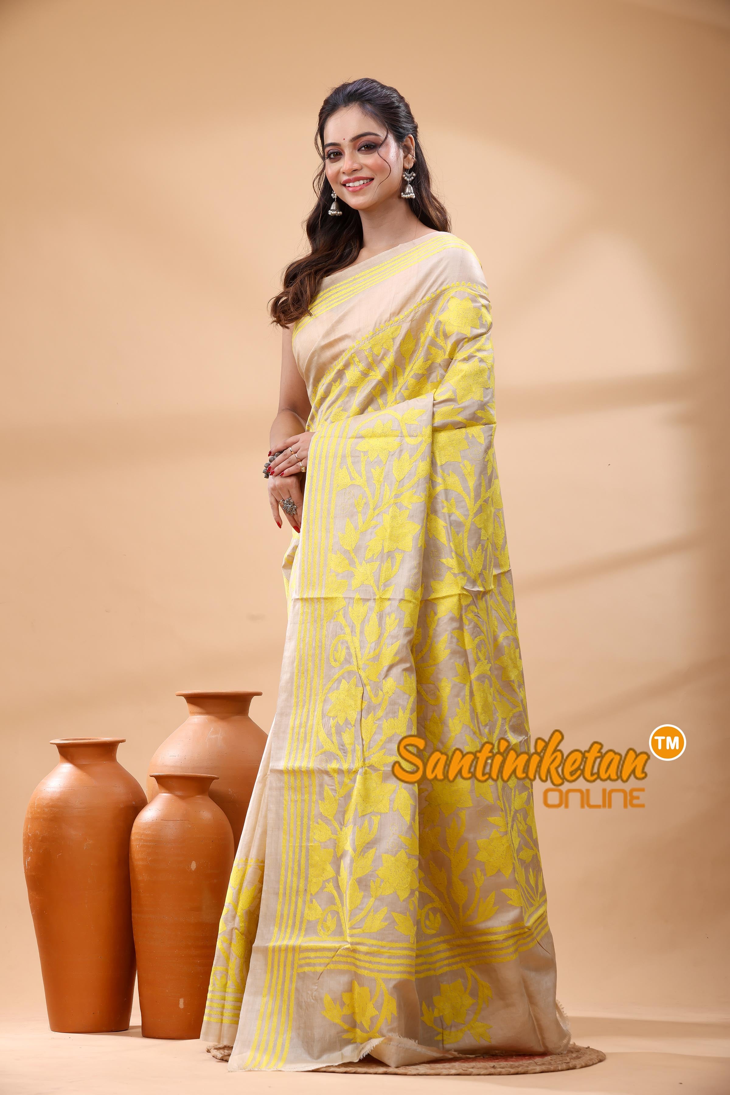 Pure Gachi Tussar Silk Kantha Stitch Saree