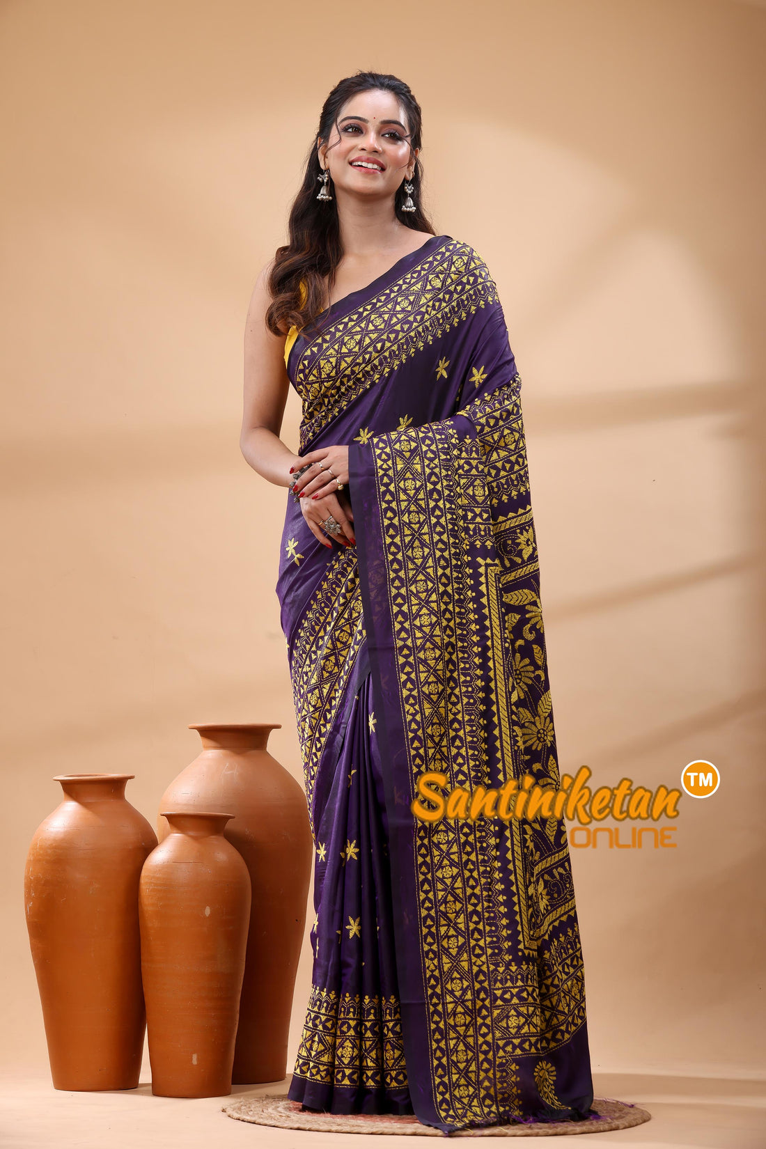 Pure Bangalore Silk Kantha Stitch Saree