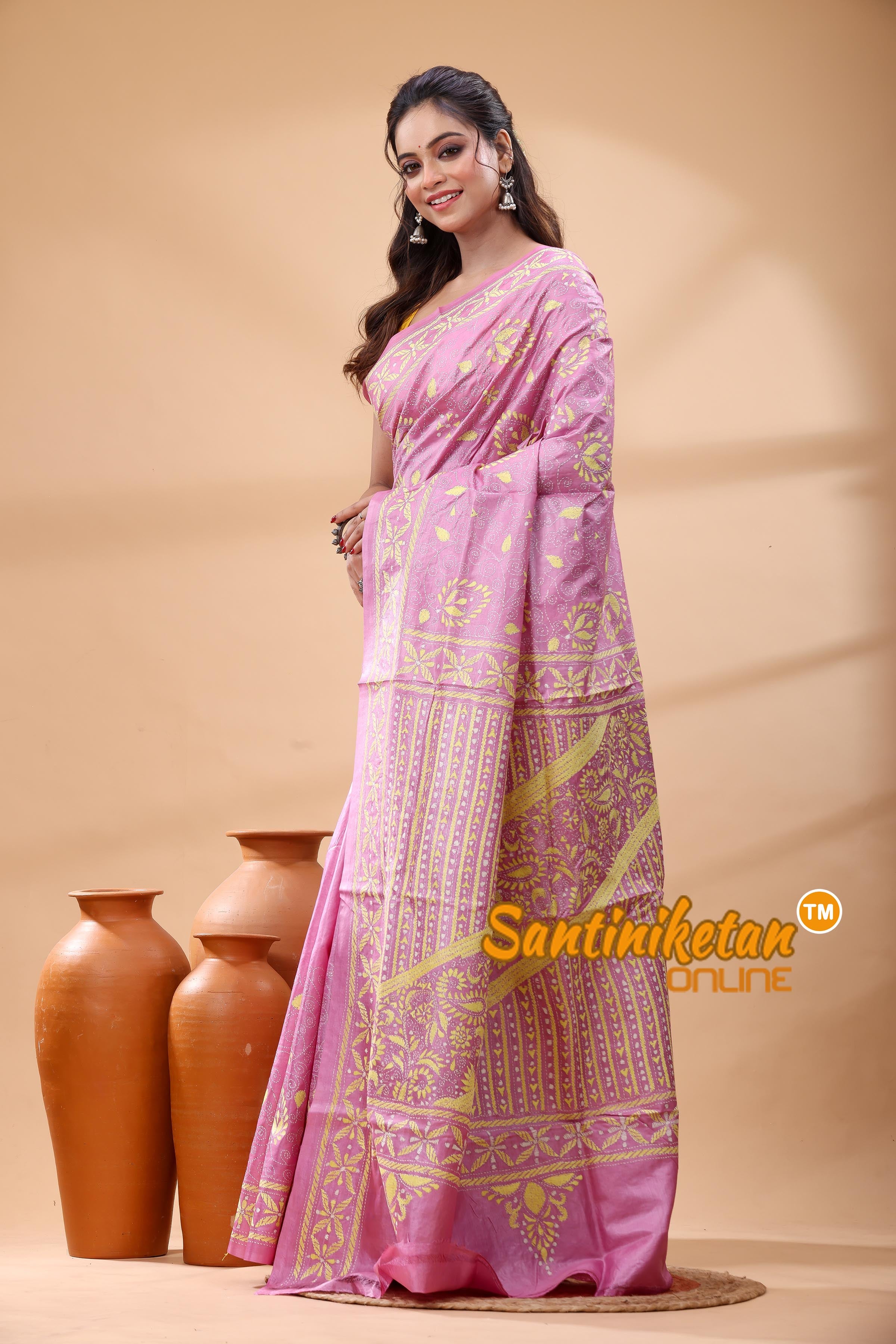 Pure Gachi Dye Tussar Silk Kantha Stitch Saree