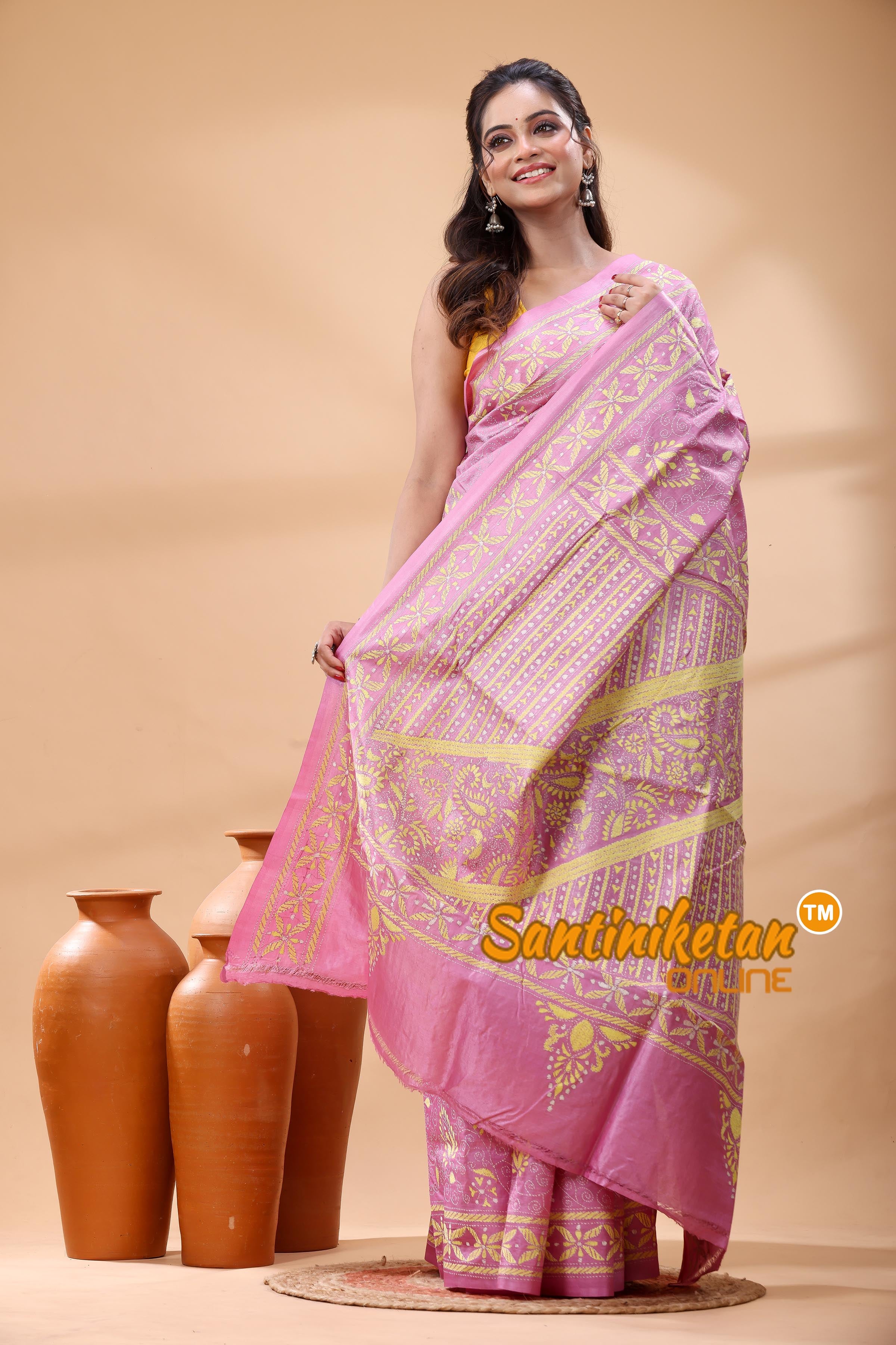 Pure Gachi Dye Tussar Silk Kantha Stitch Saree