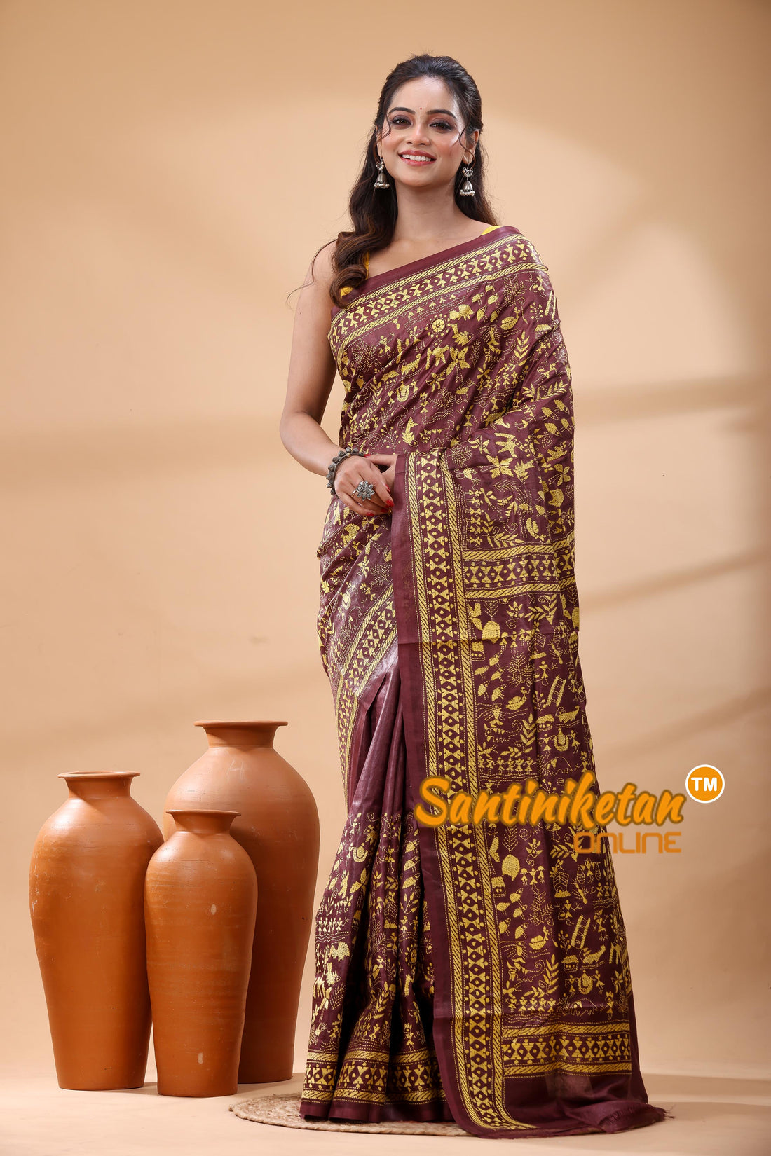 Pure Gachi Dye Tussar Silk Kantha Stitch Saree