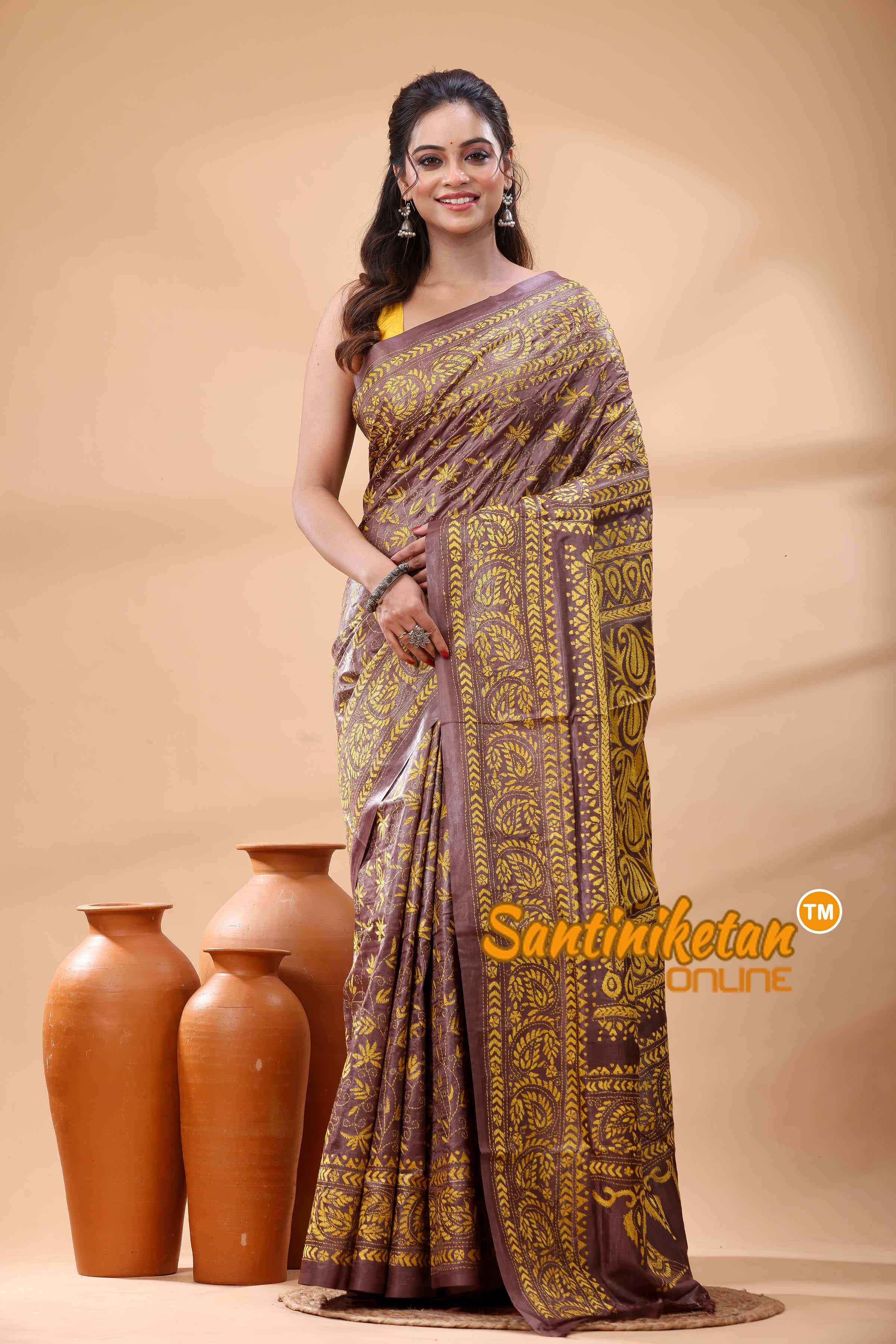 Pure Gachi Dye Tussar Silk Kantha Stitch Saree