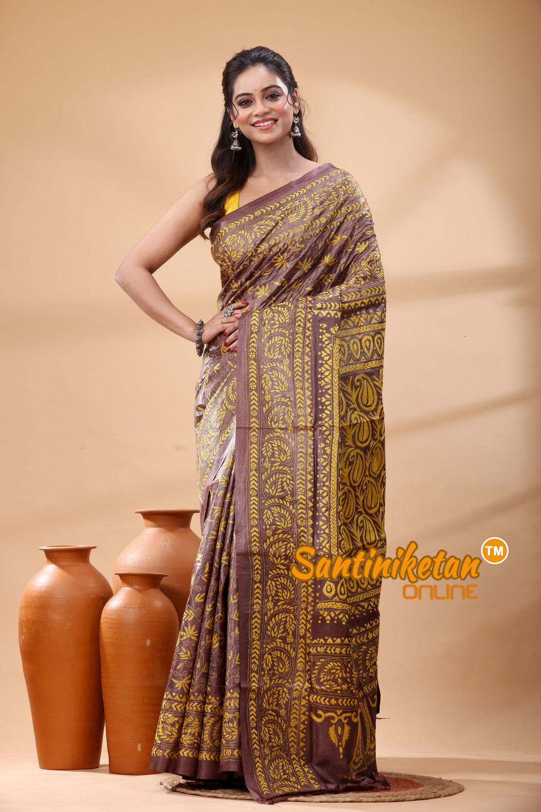 Pure Gachi Dye Tussar Silk Kantha Stitch Saree