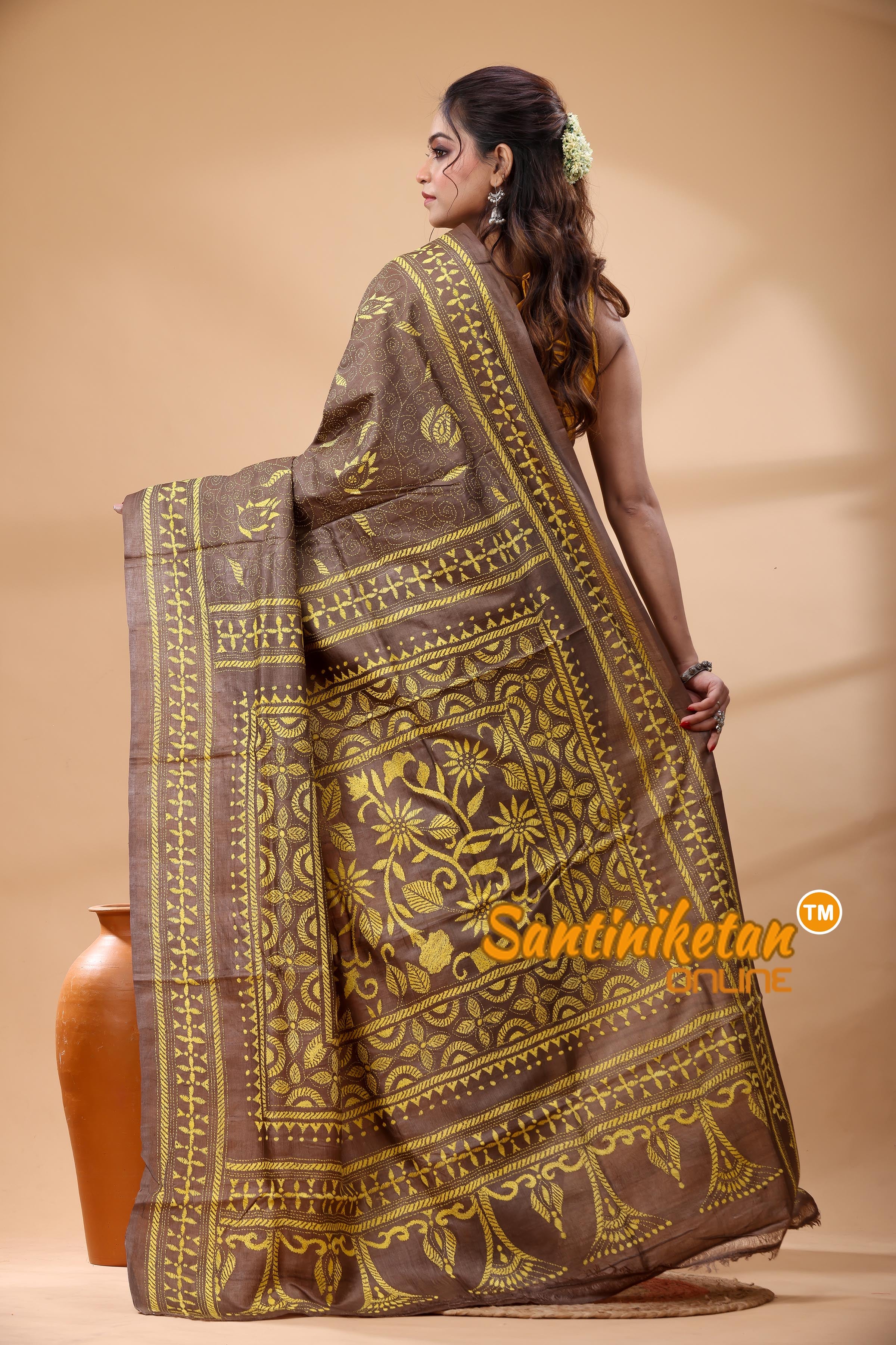 Pure Gachi Dye Tussar Silk Kantha Stitch Saree