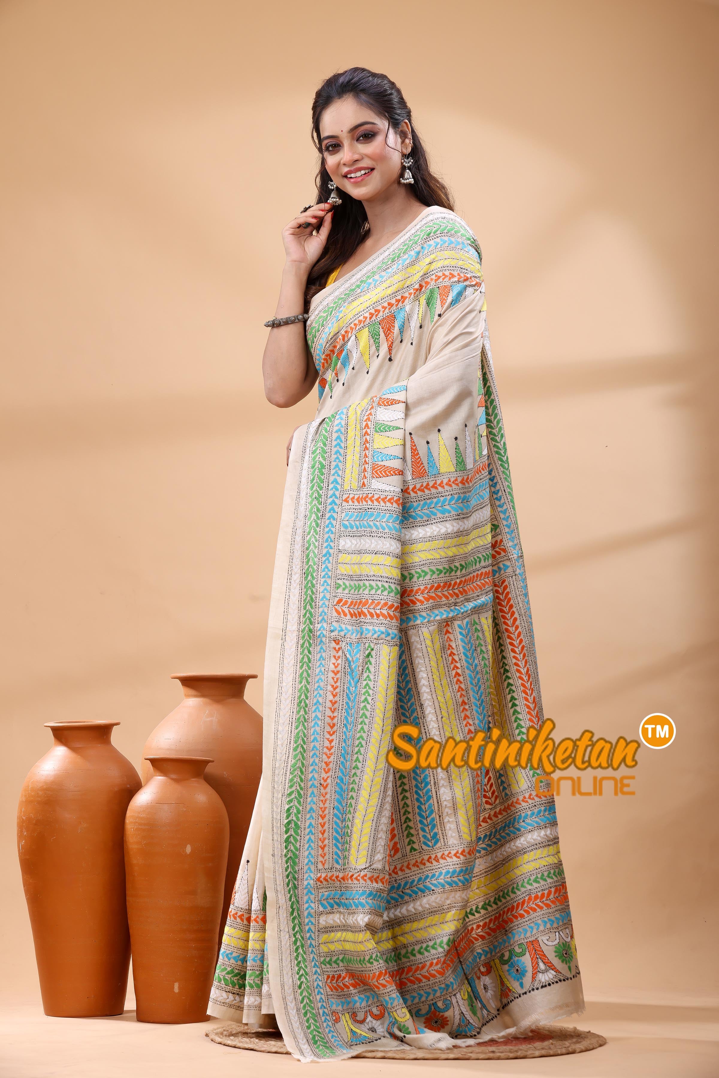 Pure Gachi Tussar Silk Kantha Stitch Saree
