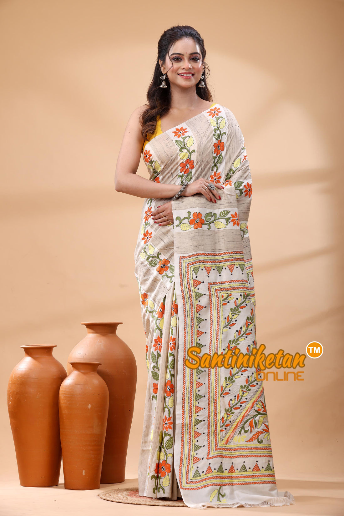 Bishnupuri (Katan) Silk Kantha Stitch Saree