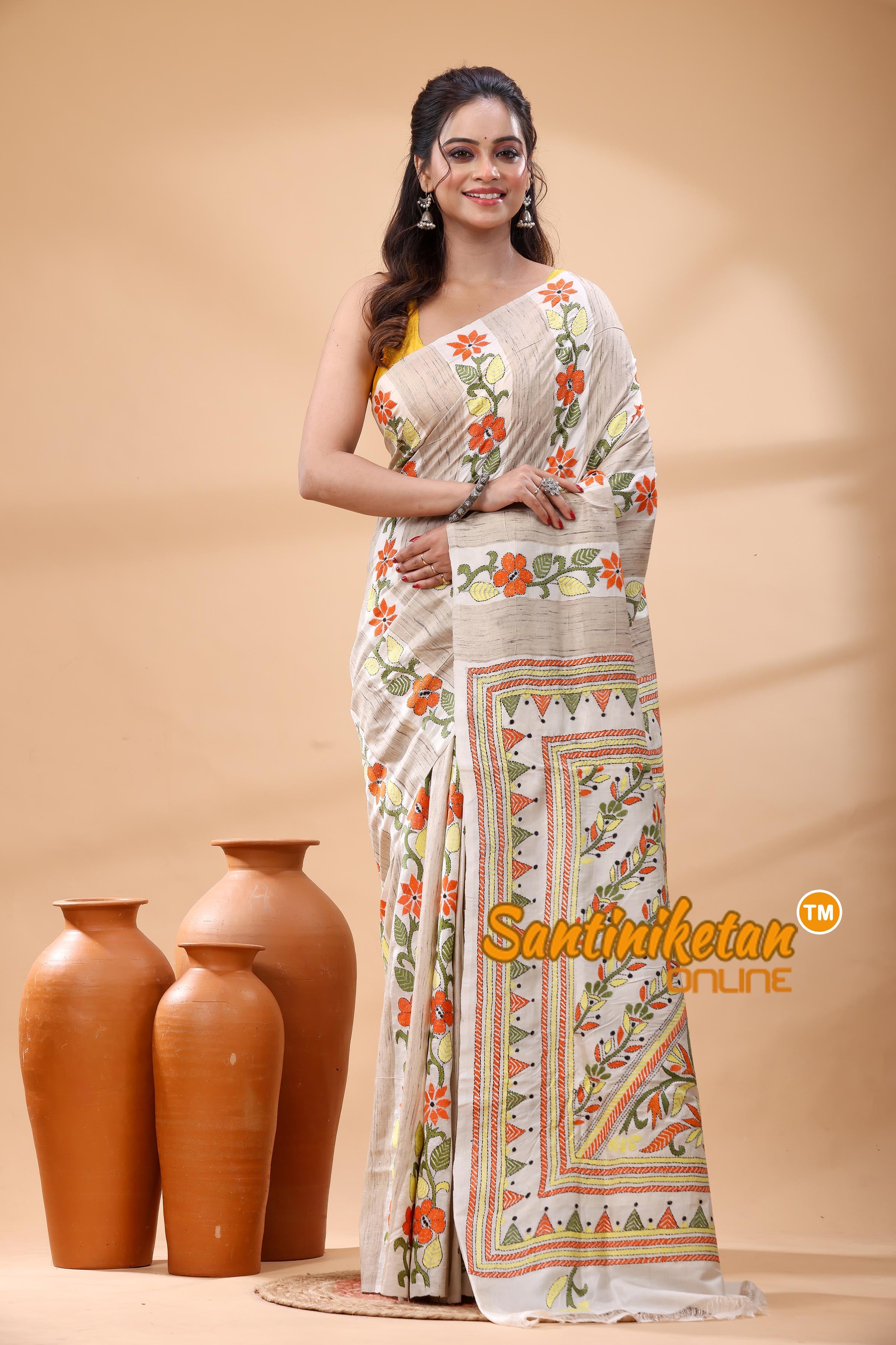 Bishnupuri (Katan) Silk Kantha Stitch Saree