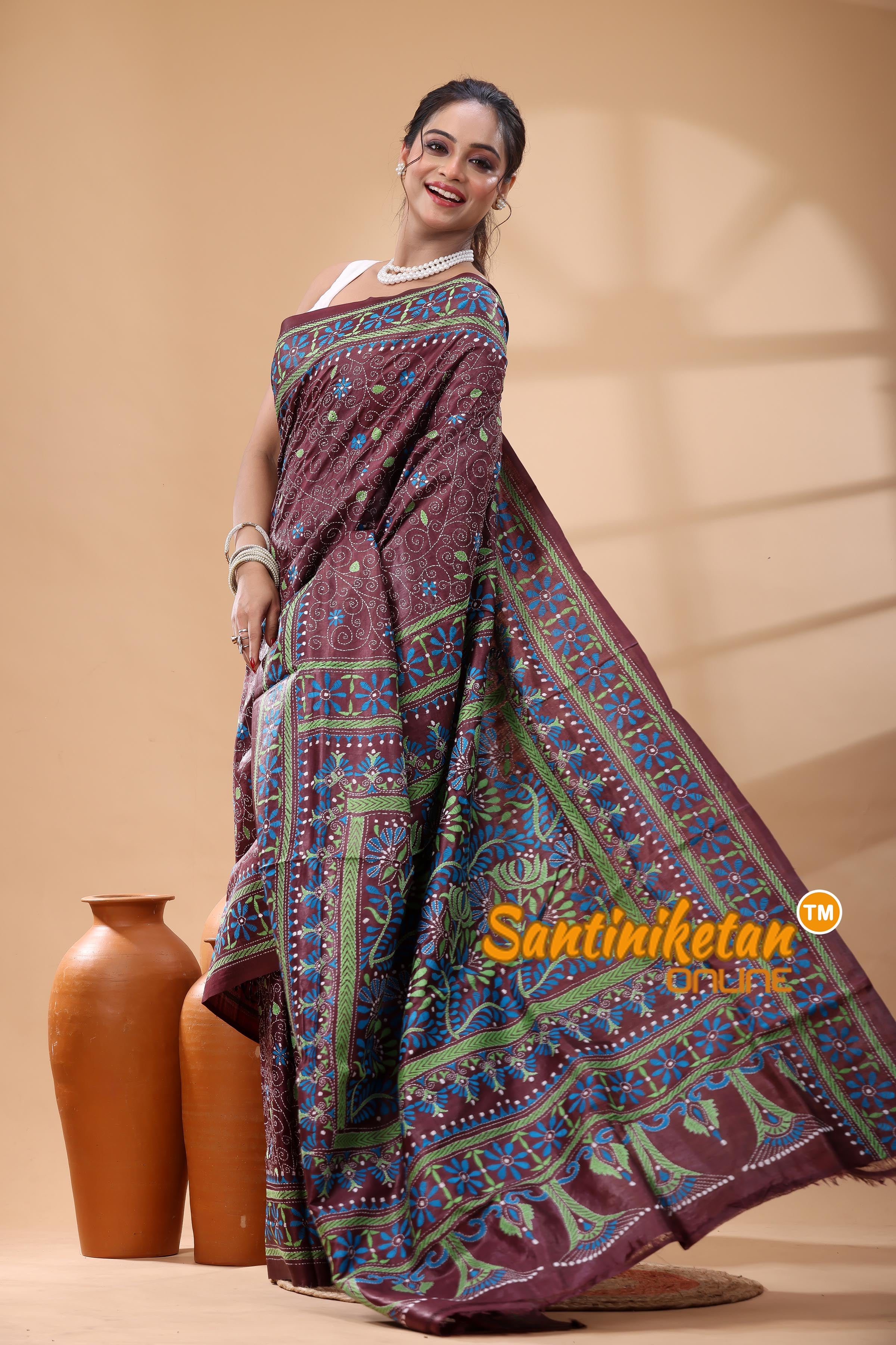 Pure Gachi Dye Tussar Silk Kantha Stitch Saree