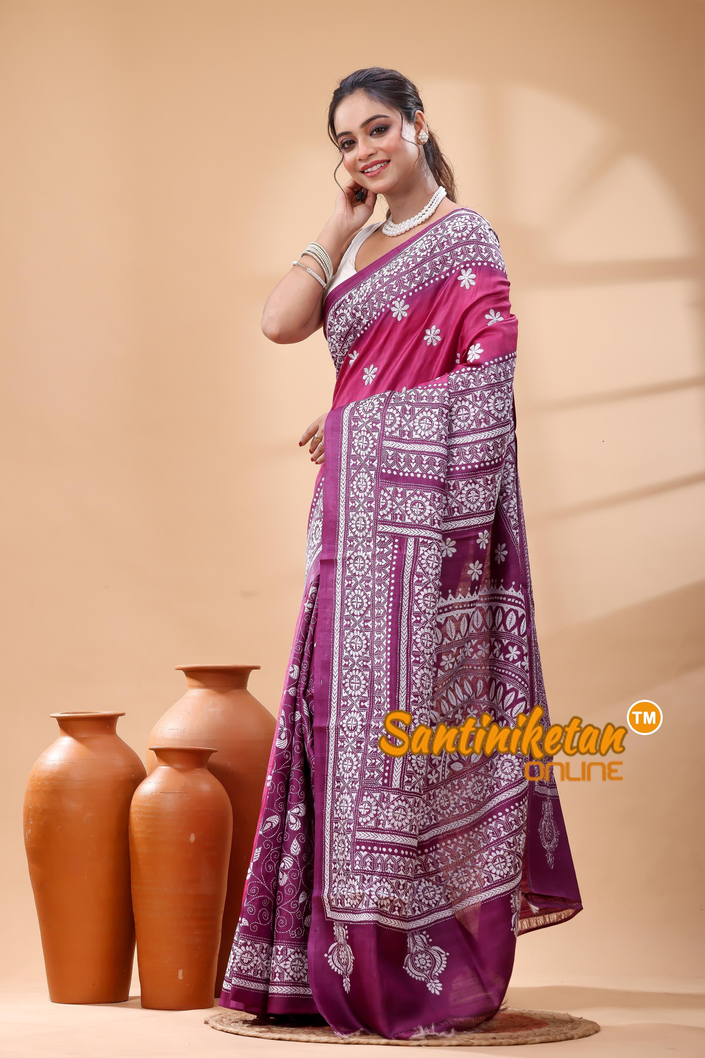 Pure Gachi Dye Tussar Silk Kantha Stitch Saree