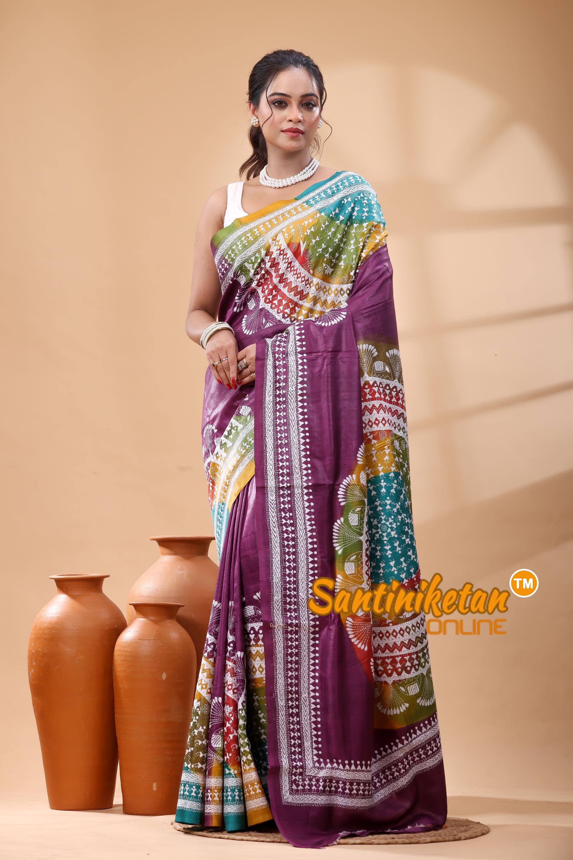 Pure Gachi Dye Tussar Silk Kantha Stitch Saree