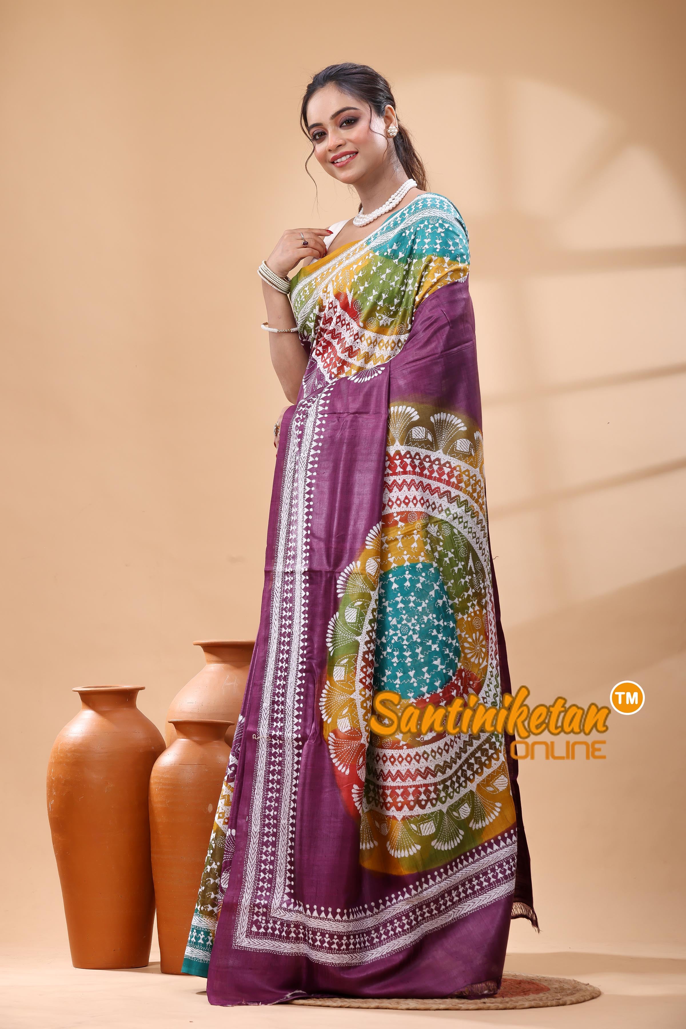 Pure Gachi Dye Tussar Silk Kantha Stitch Saree