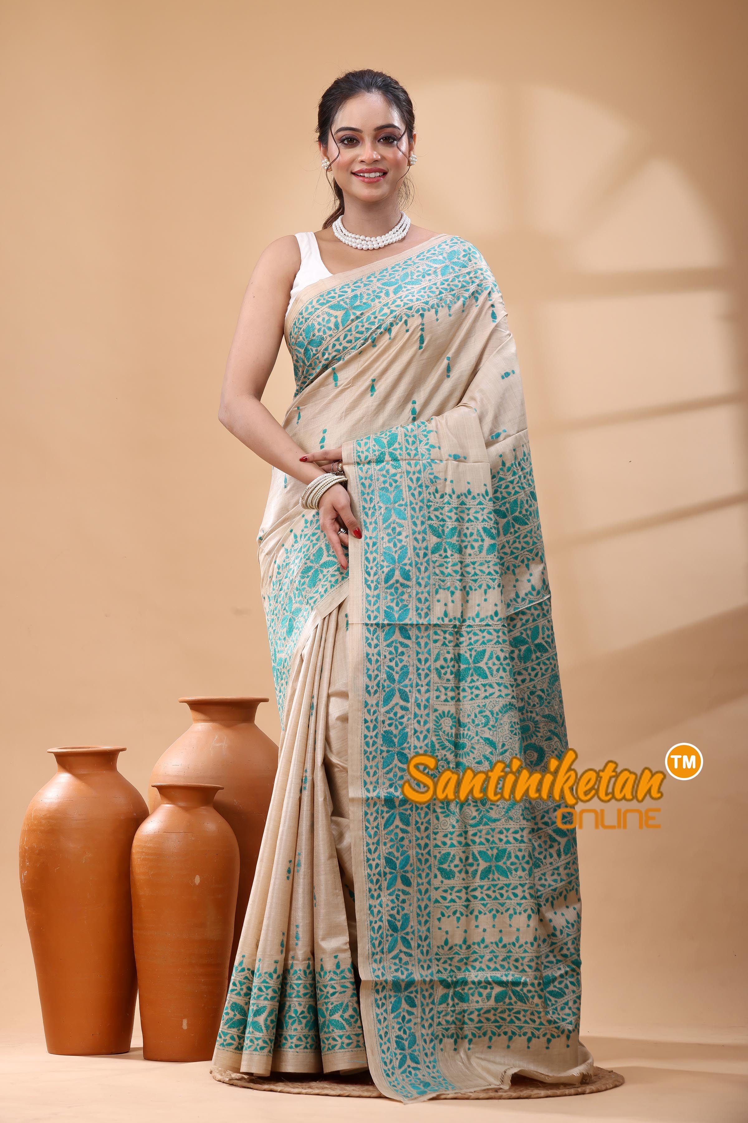 Pure Gachi Tussar Silk Kantha Stitch Saree