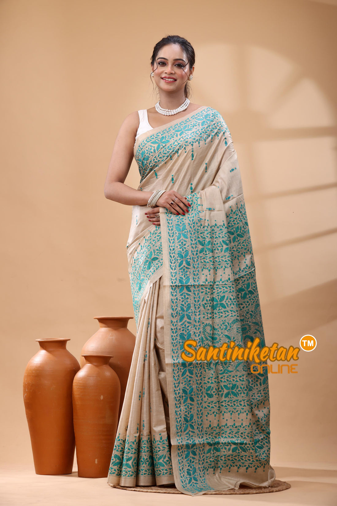 Pure Gachi Tussar Silk Kantha Stitch Saree